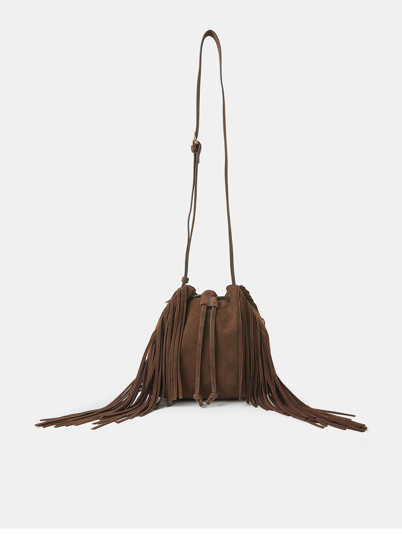 undefined Suede Fringe Bucket Bag - Brown