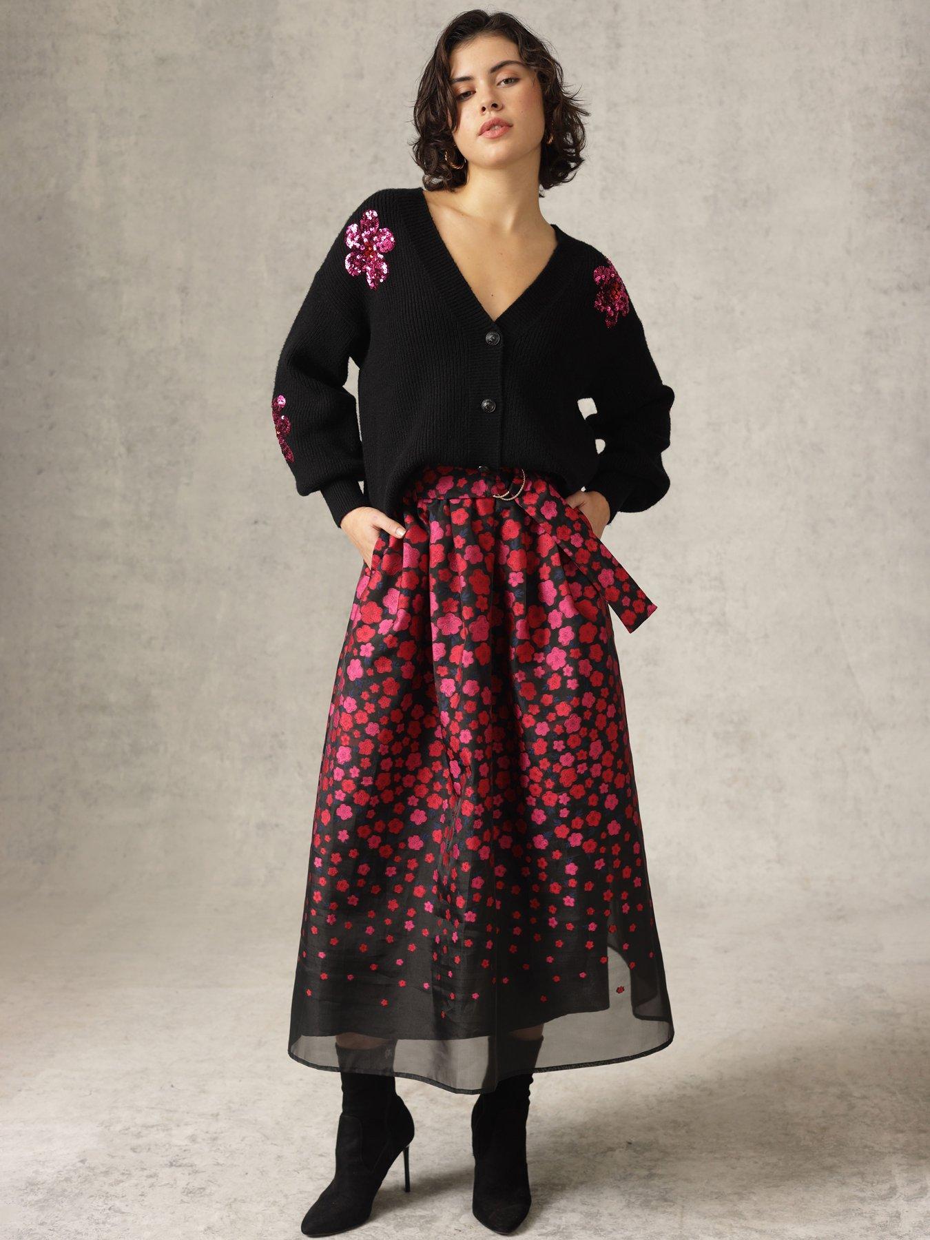 Emily Lovelock Metallic Floral Full Skirt - Black