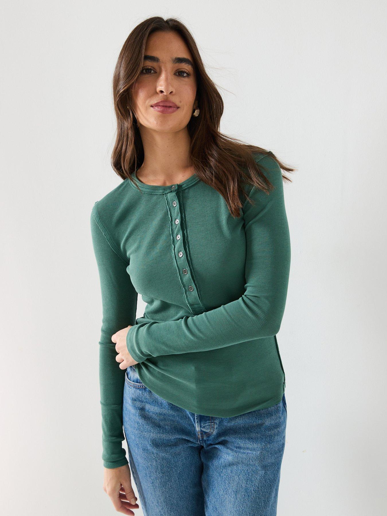 FREE PEOPLE Jamie Long Sleeve Henley Top - Green