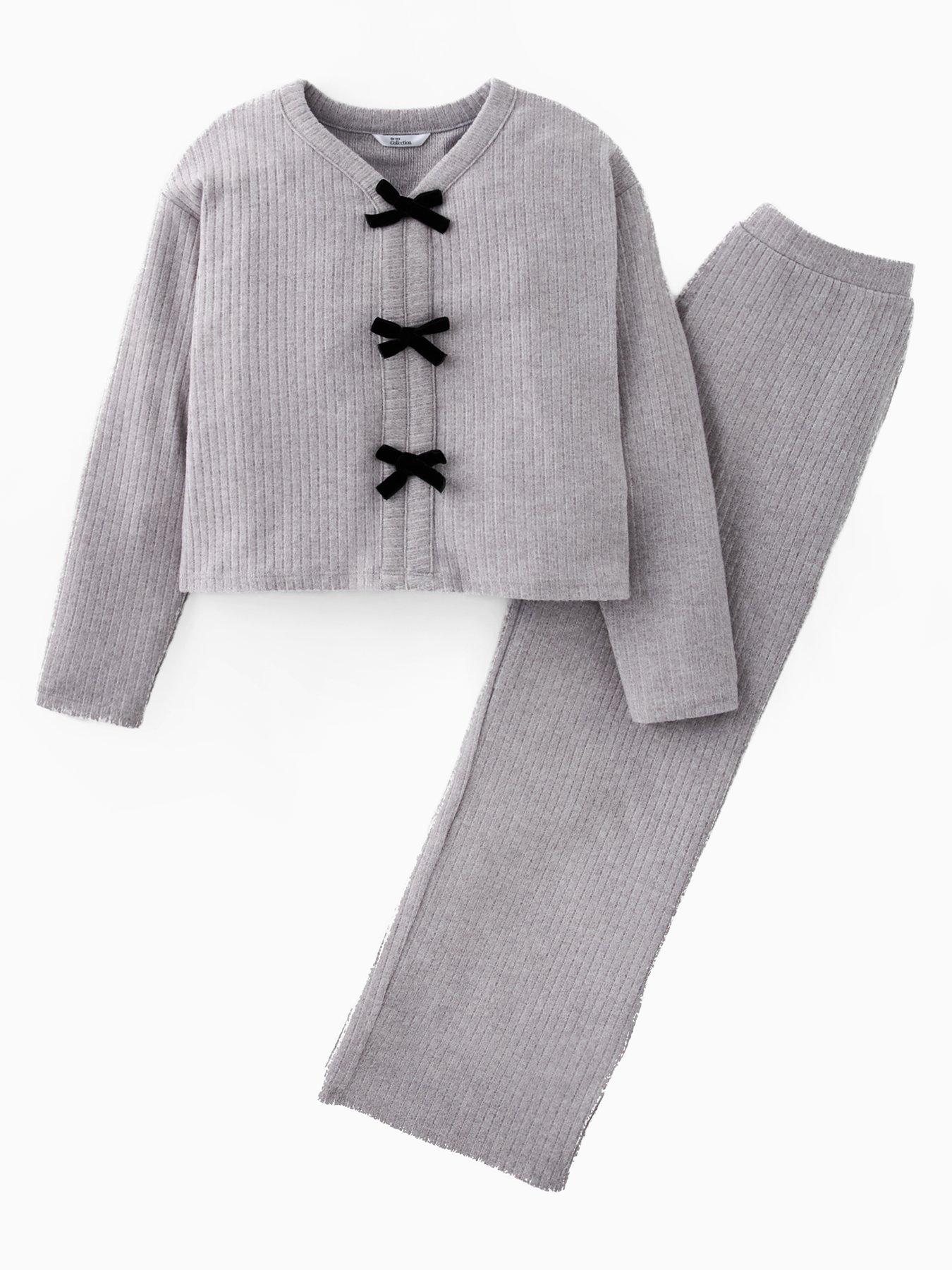Image 1 of 6 of The Very Collection Girls Soft Touch Bow Front Top With Flare Trousers - Grey