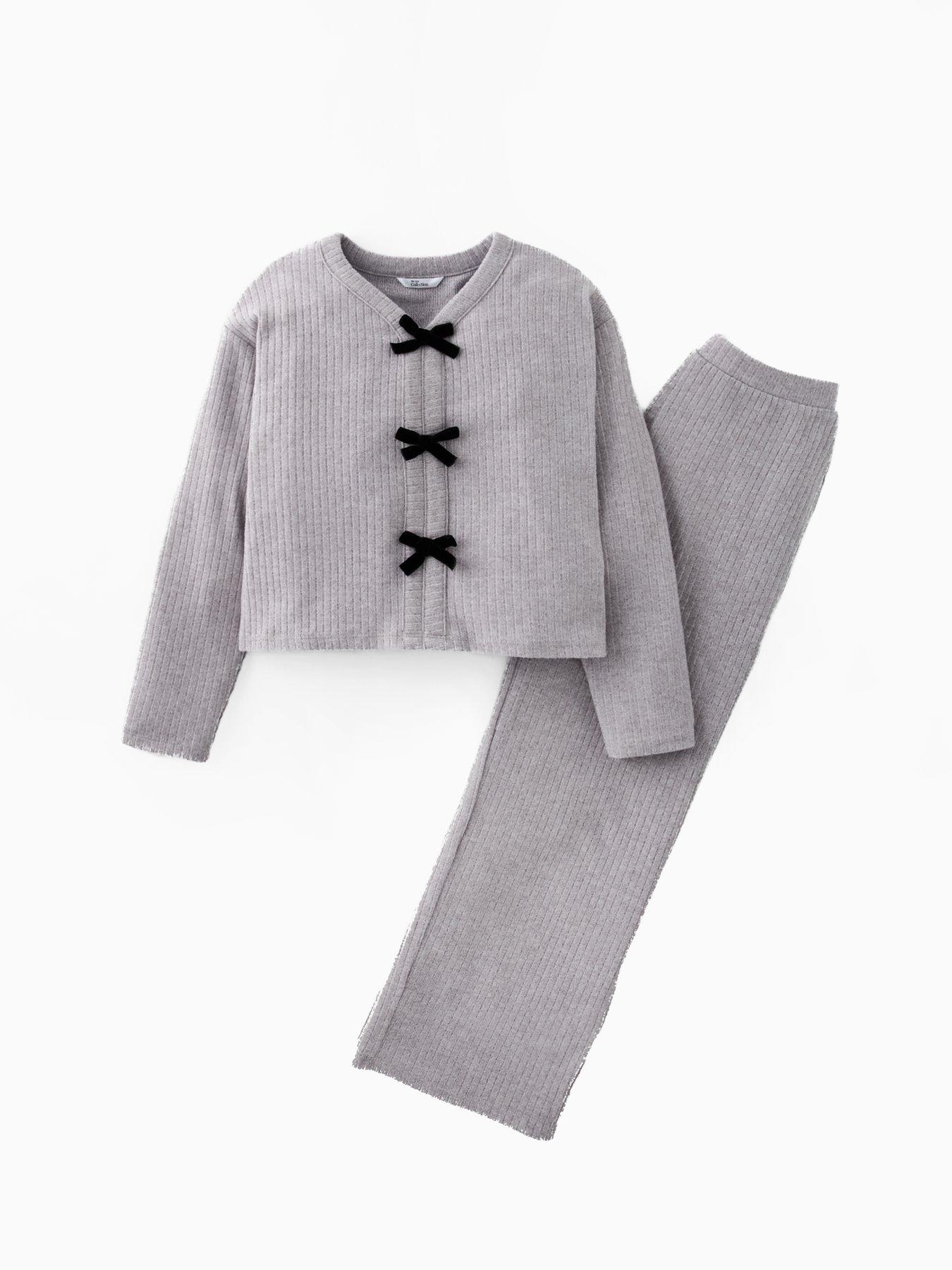 Image 6 of 6 of The Very Collection Girls Soft Touch Bow Front Top With Flare Trousers - Grey