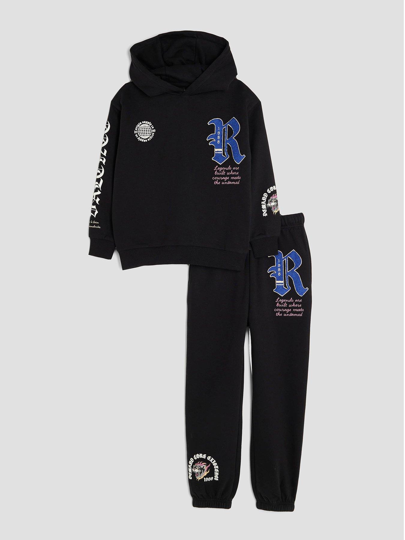 River Island Older Boys Gothic Badge Hoodie Set - Black
