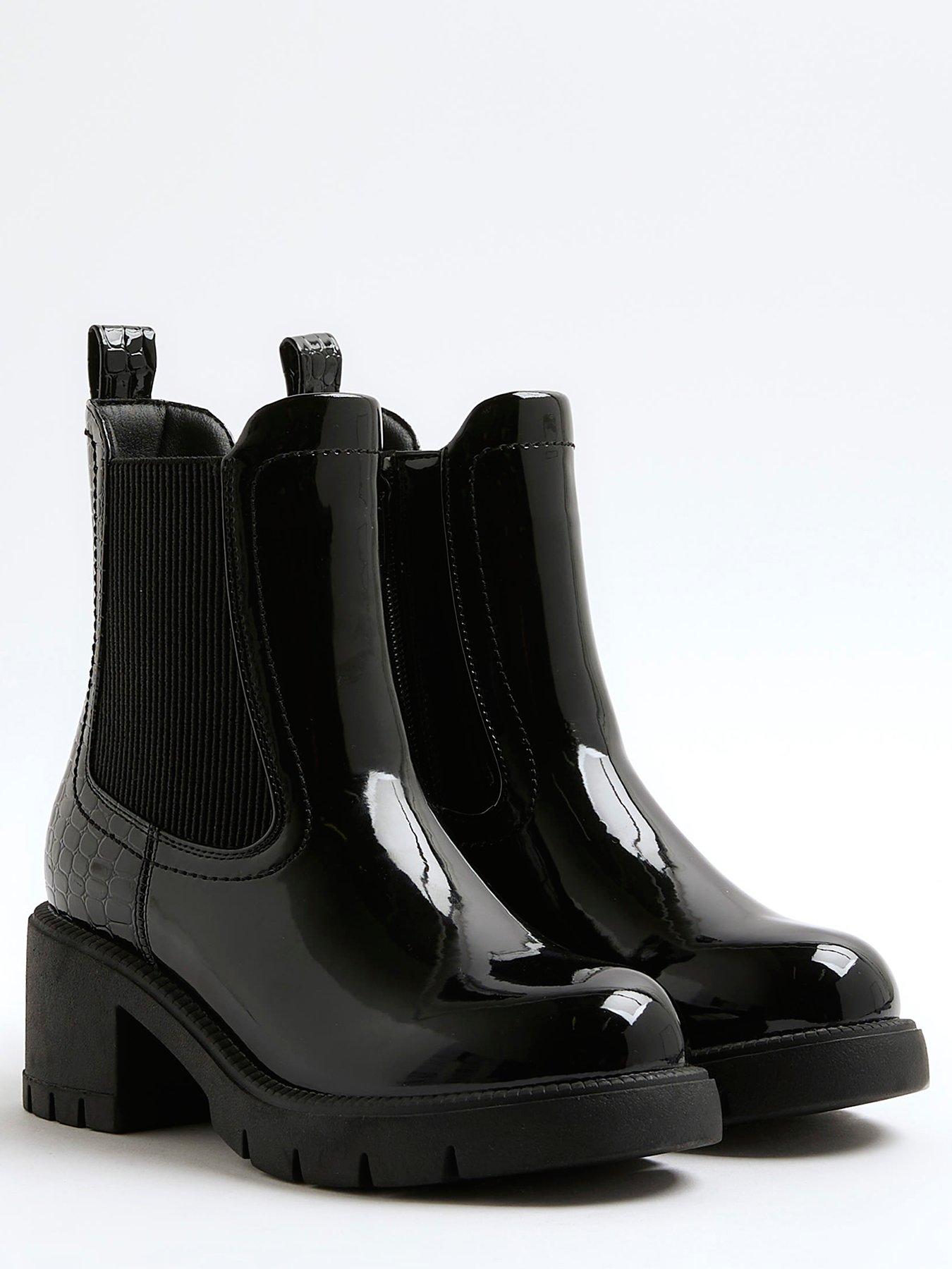 River Island Older Girls Patent Heart Heeled Chelsea Boots Black