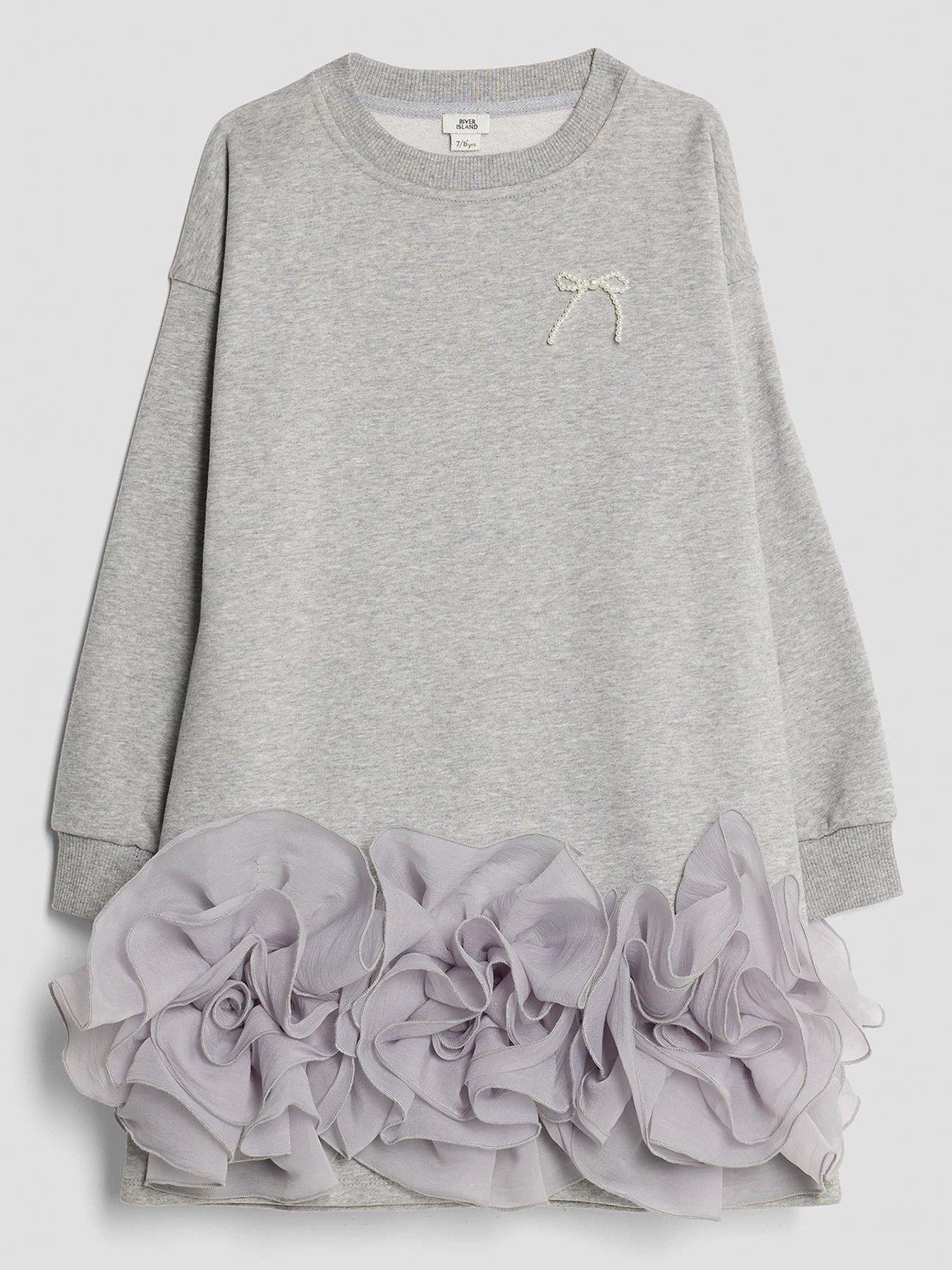 River Island Older Girls Rosette Bow Detail Hem Sweatshirt Dress - Grey