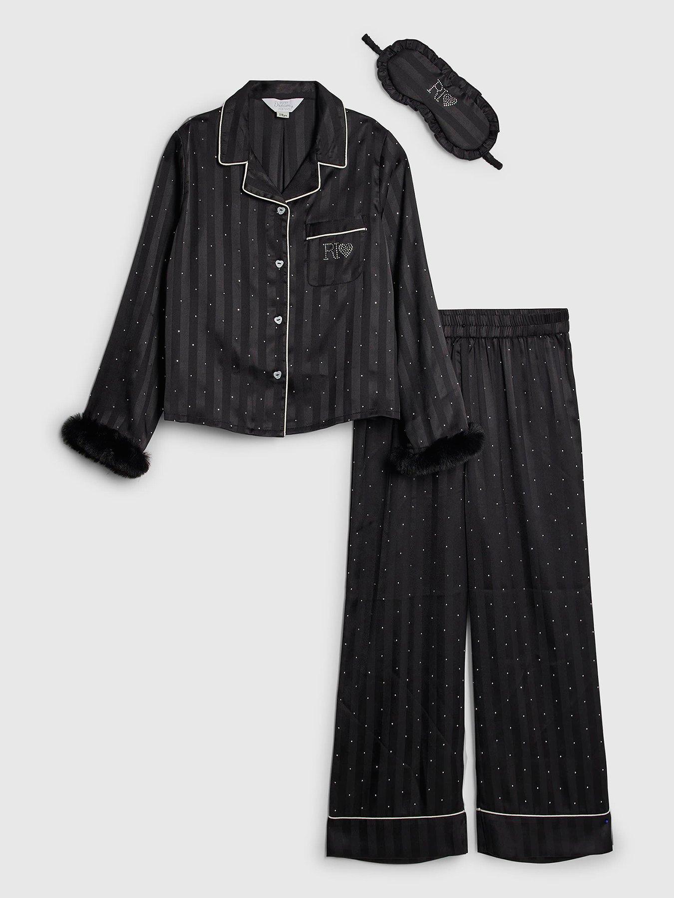 River Island Older Girls Hotfix Fur Cuff Satin Pyjamas - Black