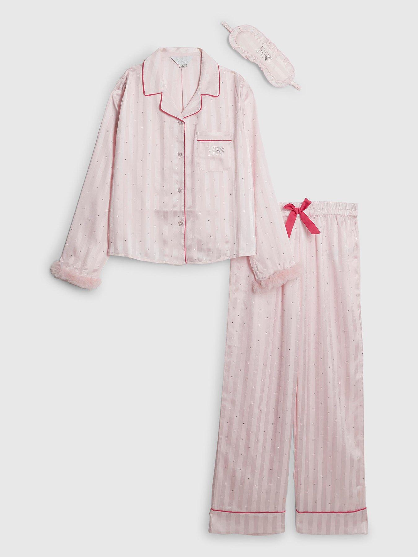 River Island Older Girls Hotfix Fur Cuff Satin Pyjamas Pink Very