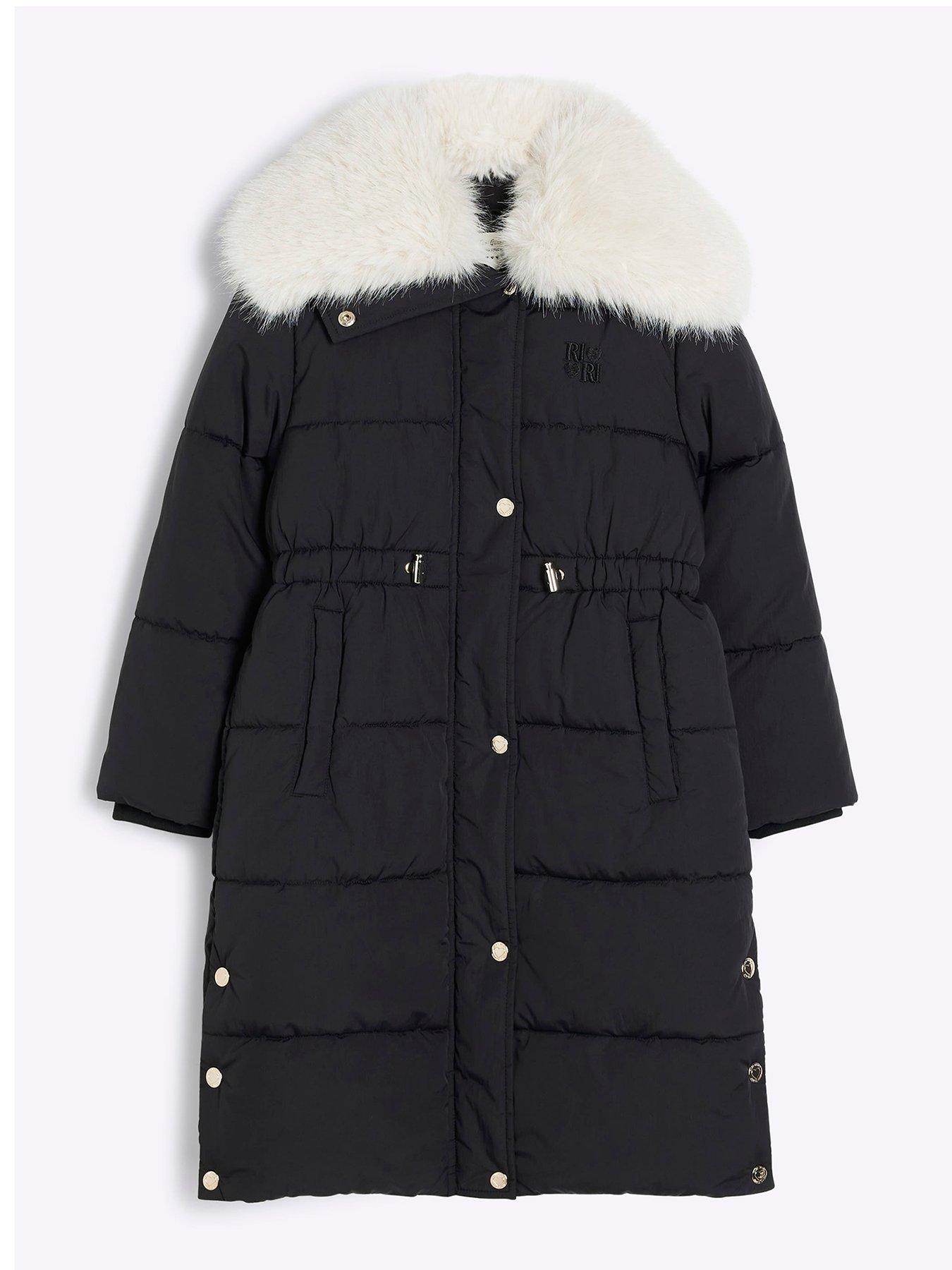 undefined Older Girls Faux Fur Collar Padded Coat - Black