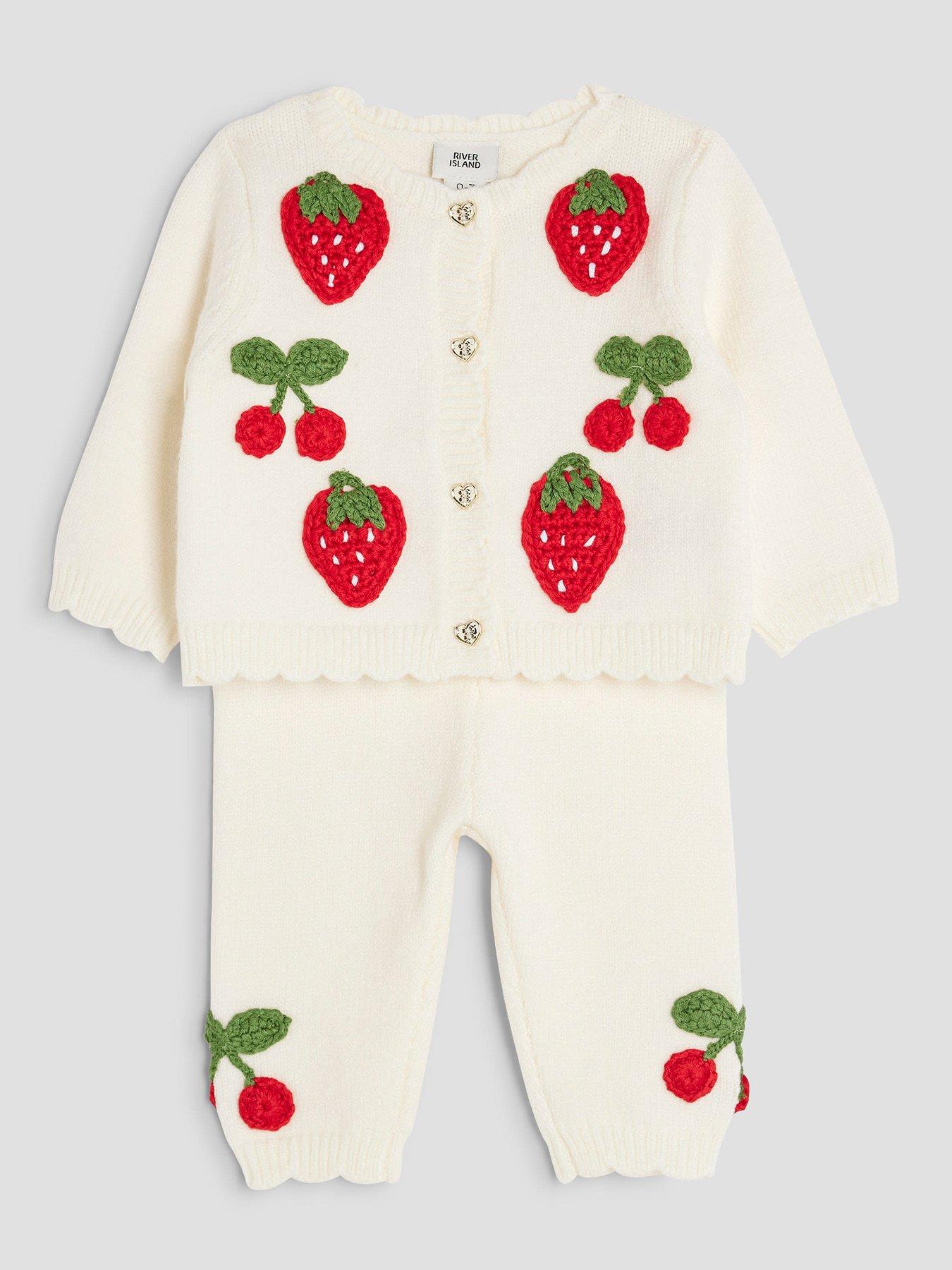 undefined Girls Strawberry  &  Cherry Cardigan Set - Beige