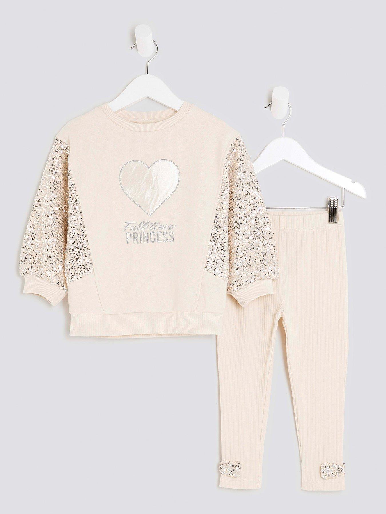 River Island Mini Girls Sequin Hybrid Sweatshirt Set - Beige - Cream