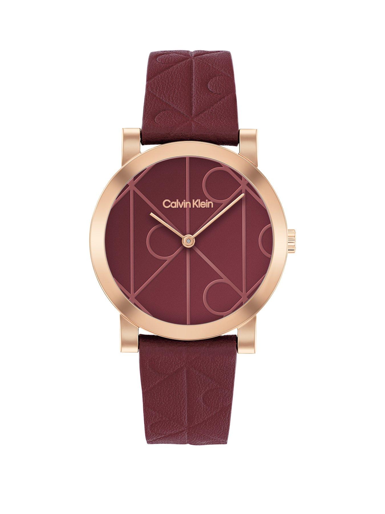 undefined Women's Ck Monogram Burgundy Leather Watch - Red