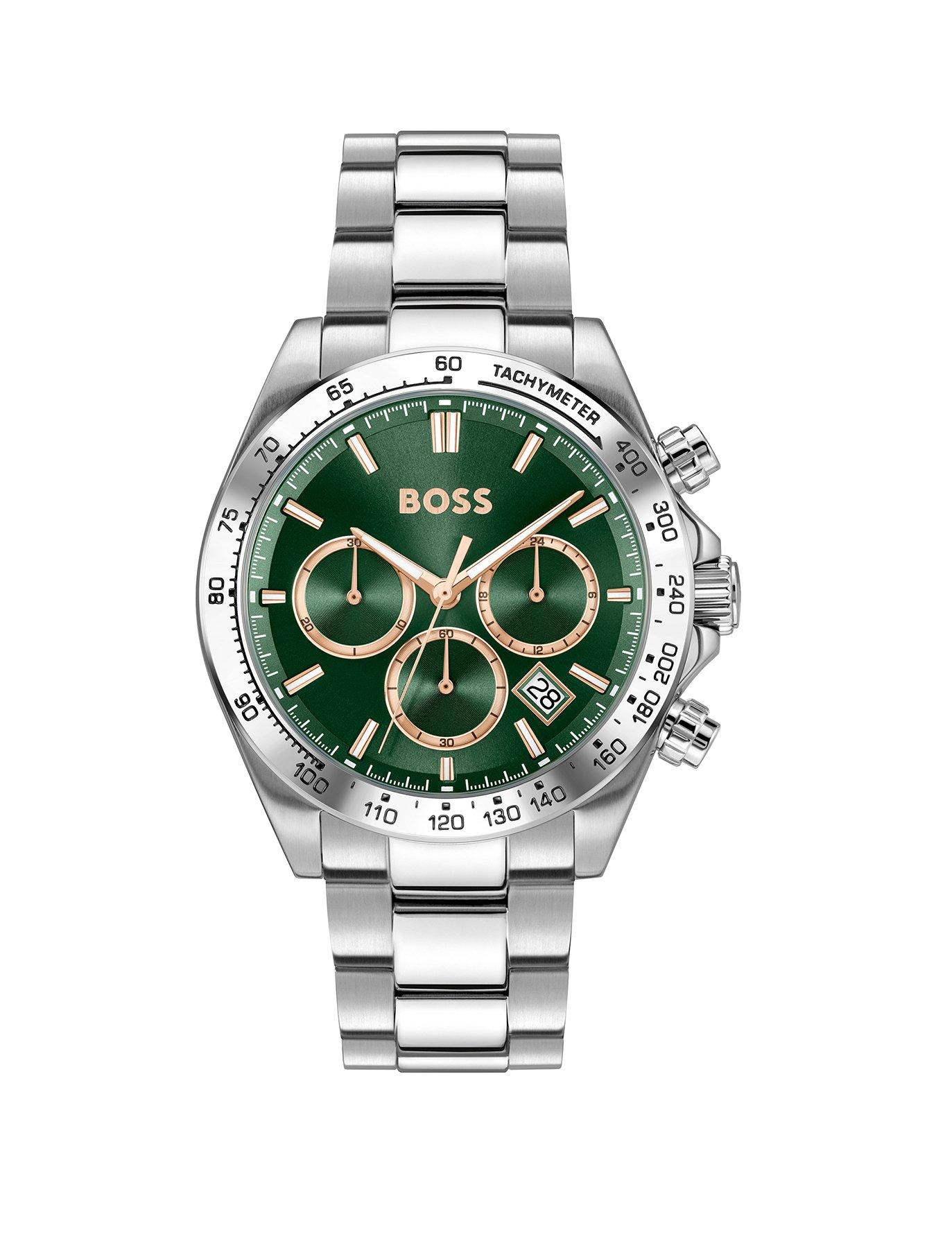 BOSS Gents Hero Stainless Steel Bracelet Watch With Green Dial - Silver