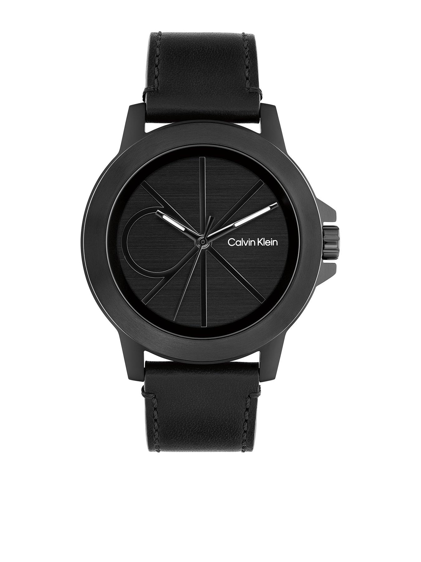 Calvin Klein Mens Ck Reset Leather Strap Watch - Black