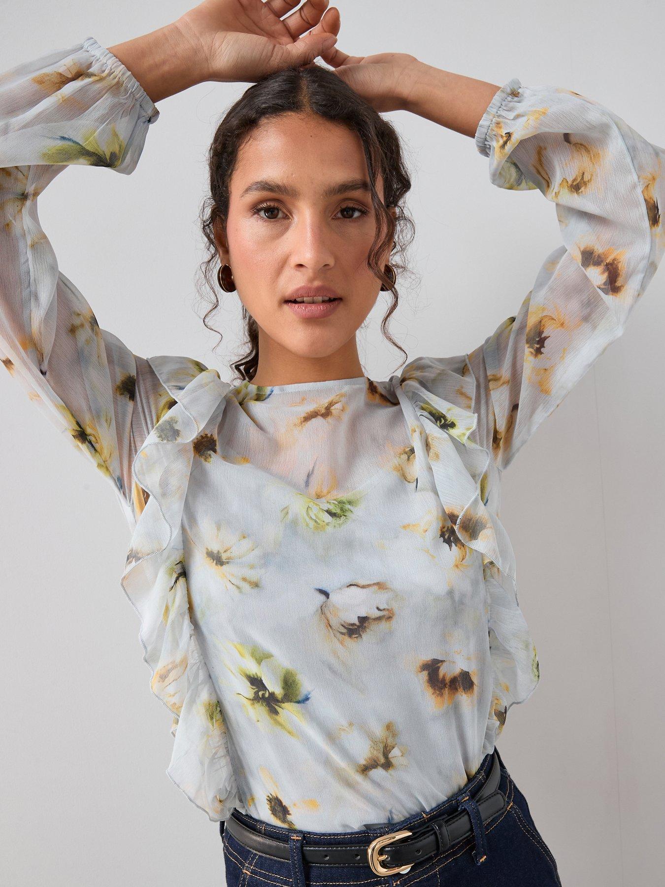 The Very Collection Ruffle Shoulder Detail Printed Blouse - Ivory