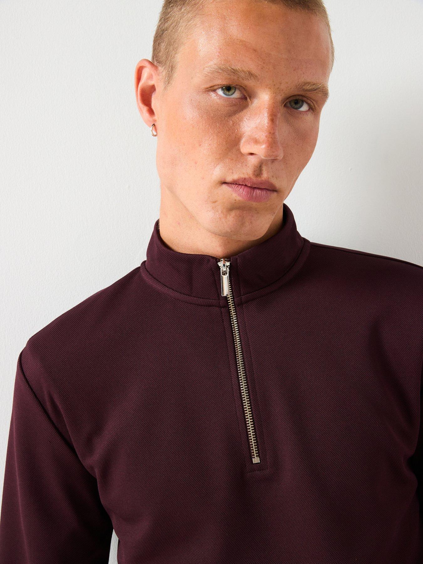 Image 4 of 6 of River Island Slim Fit Pique Half Zip Sweat - Dark Red