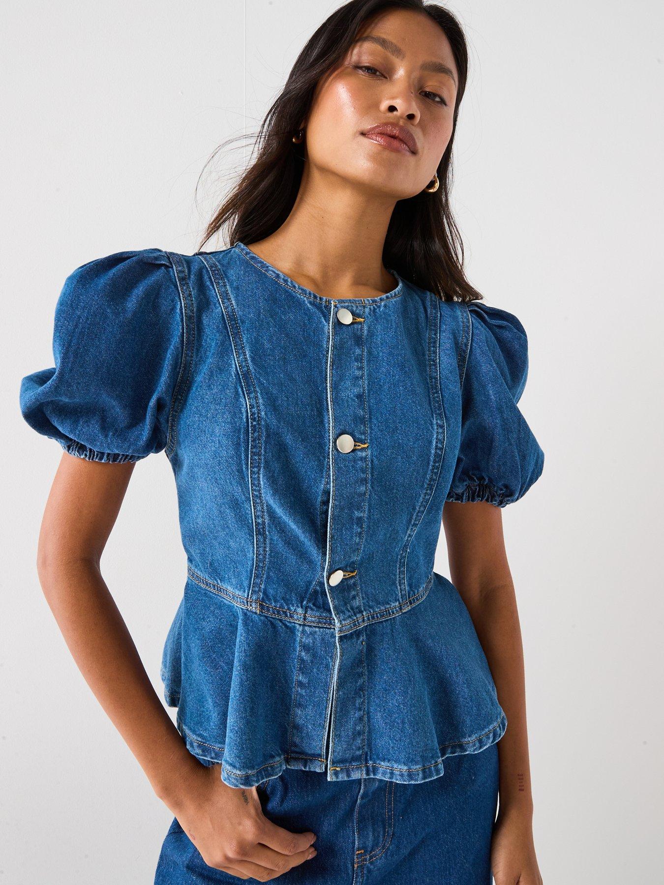 undefined Denim Puff Sleeve Peplum Top - Mid Wash