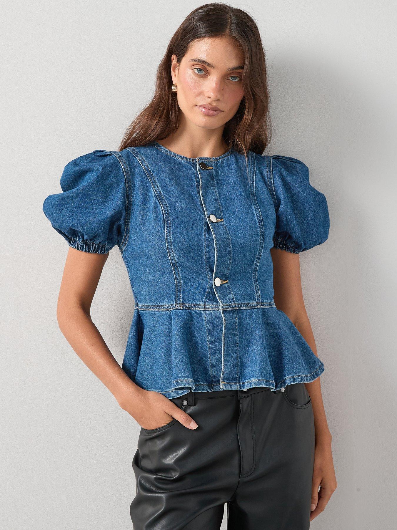 The Very Collection Denim Puff Sleeve Peplum Top - Mid Wash
