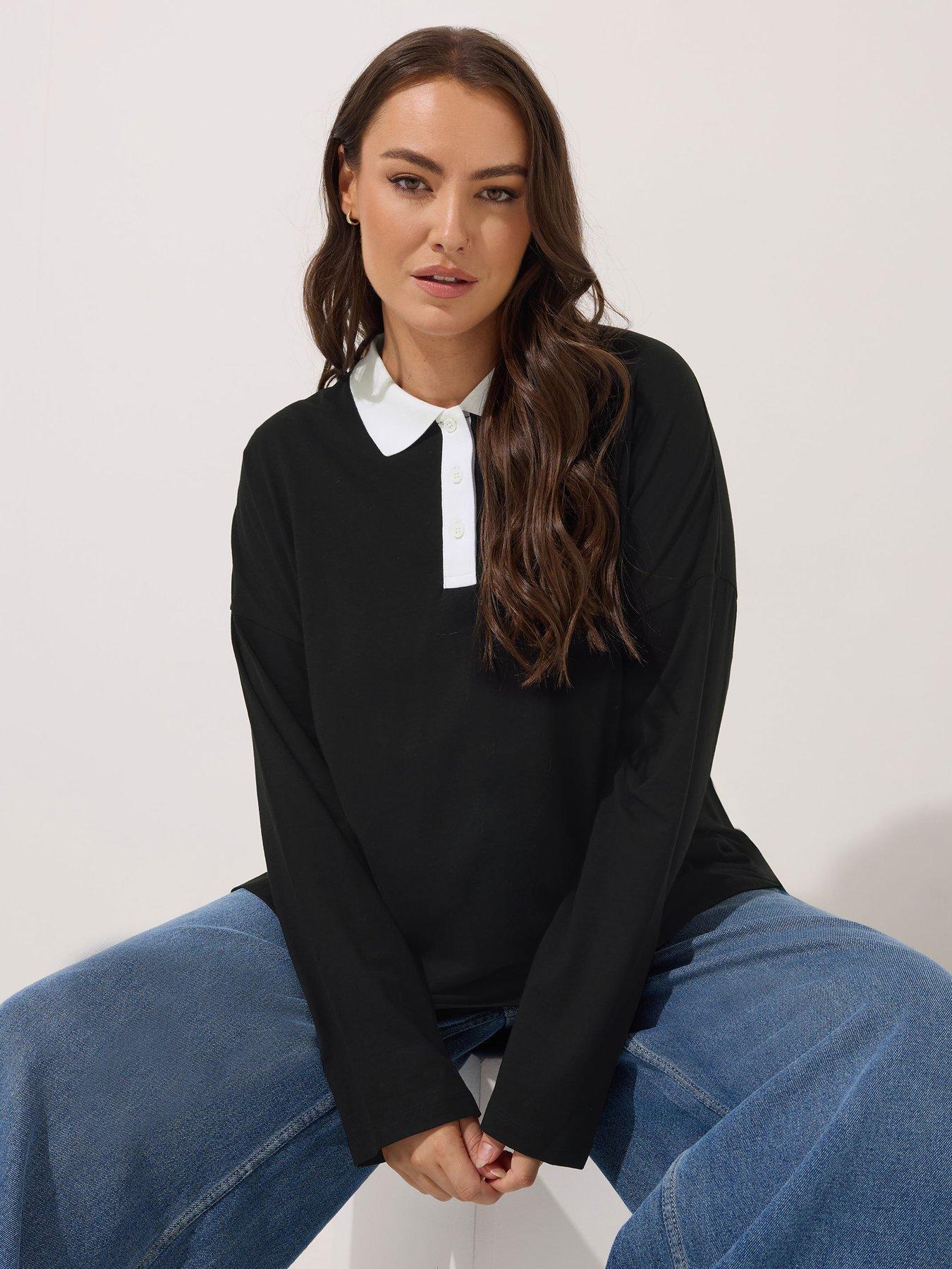 undefined Curve Rugby Collar Long Sleeve Top - Black