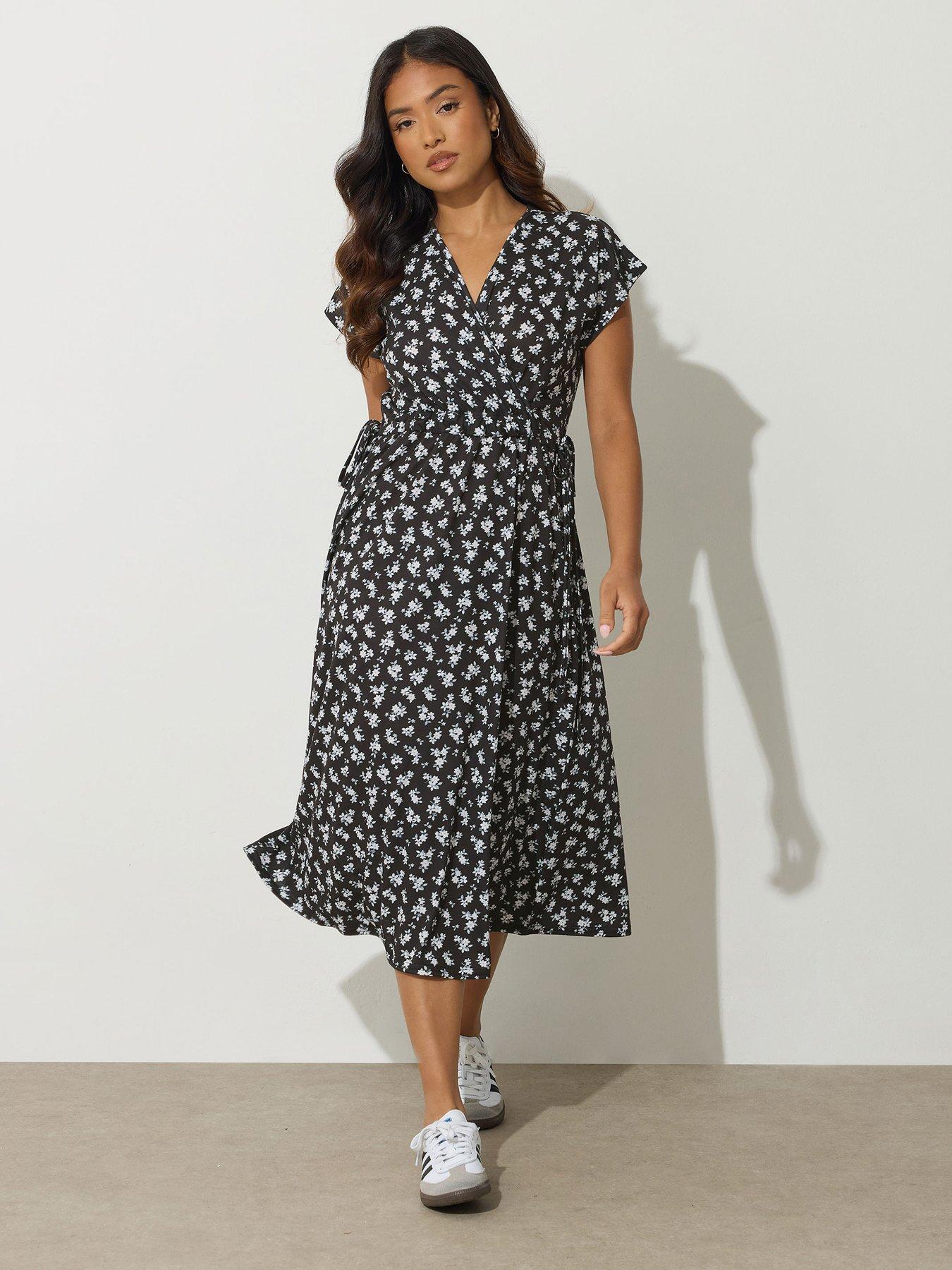 undefined Petite Ditsy Wrap Tie Waist Midi Dress - Black