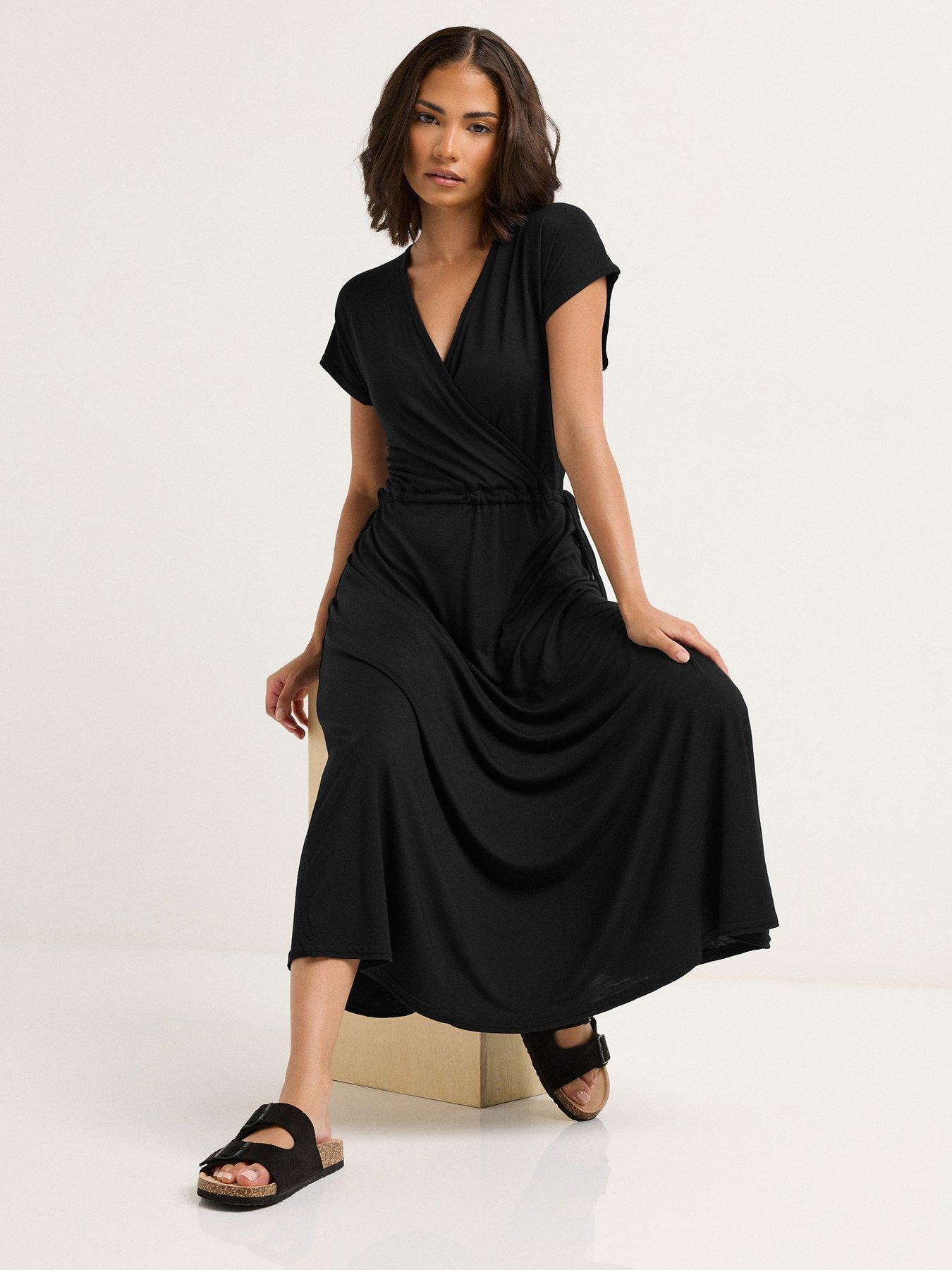 Image 1 of 4 of PixieGirl Petite Wrap Tie Waist Maxi Dress - Black