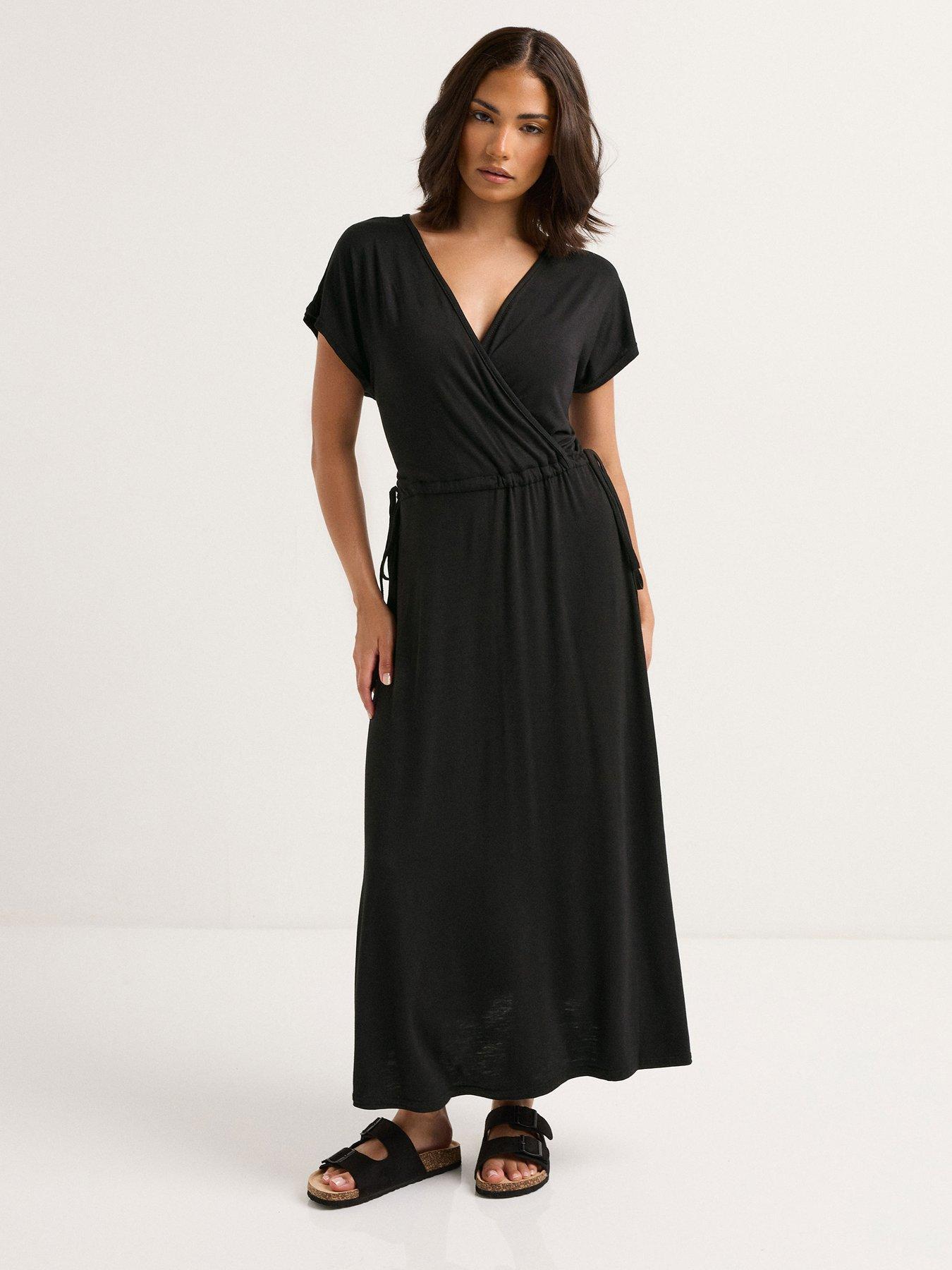 Image 3 of 4 of PixieGirl Petite Wrap Tie Waist Maxi Dress - Black
