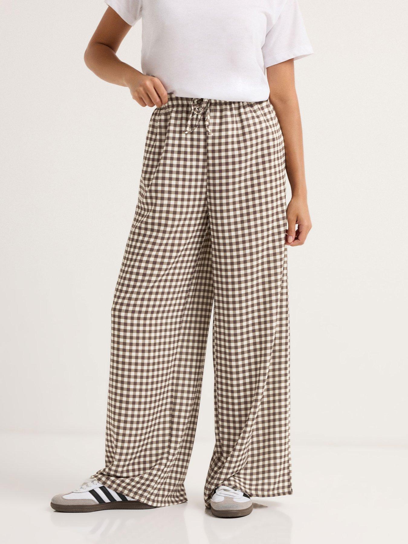 undefined Petite Gingham Wide Leg Trouser - Brown