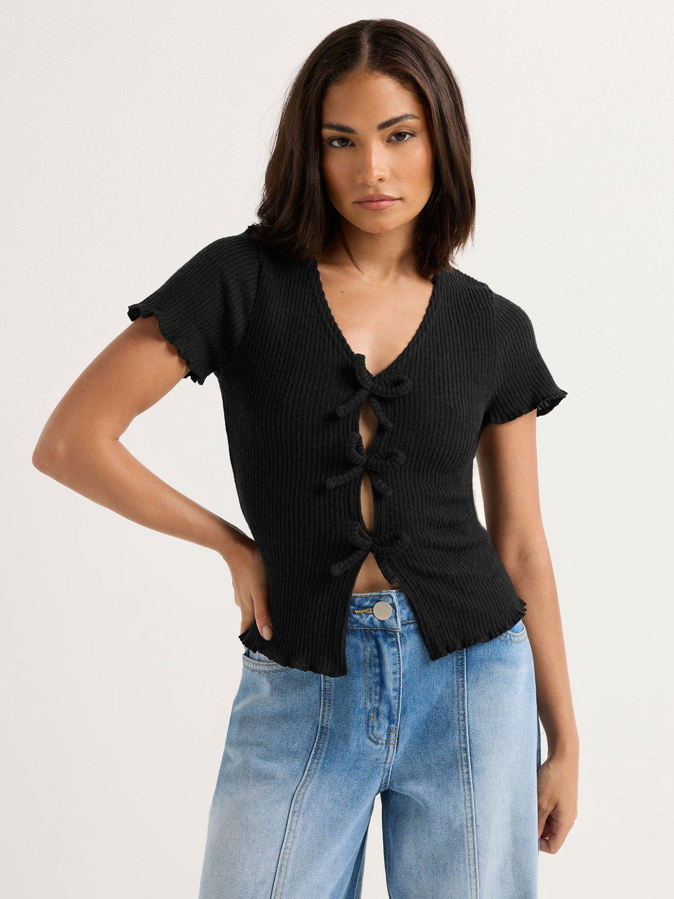 PixieGirl Petite Soft Touch Bow Front Top - Black