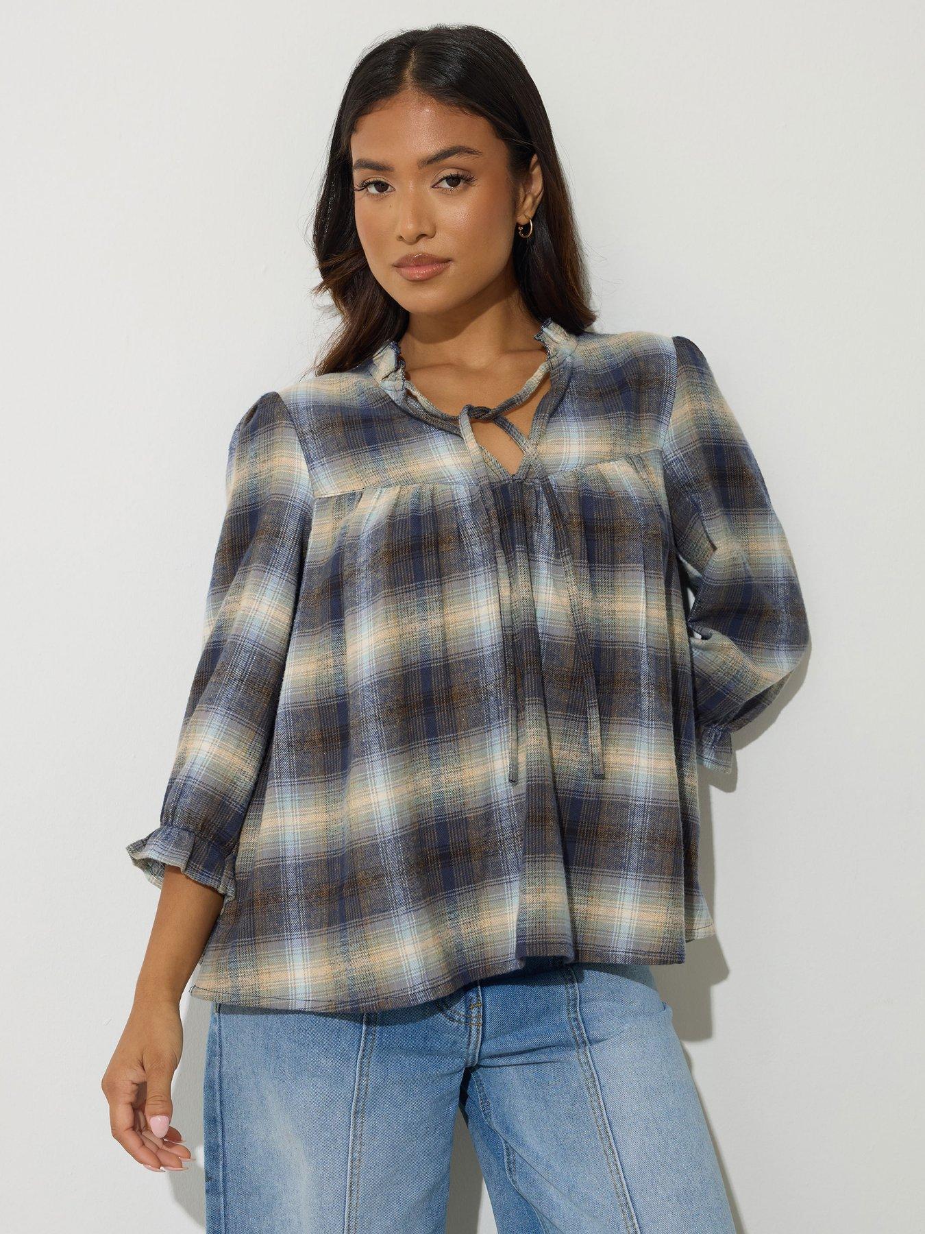 undefined Petite Brushed Check Smock Top - Blue
