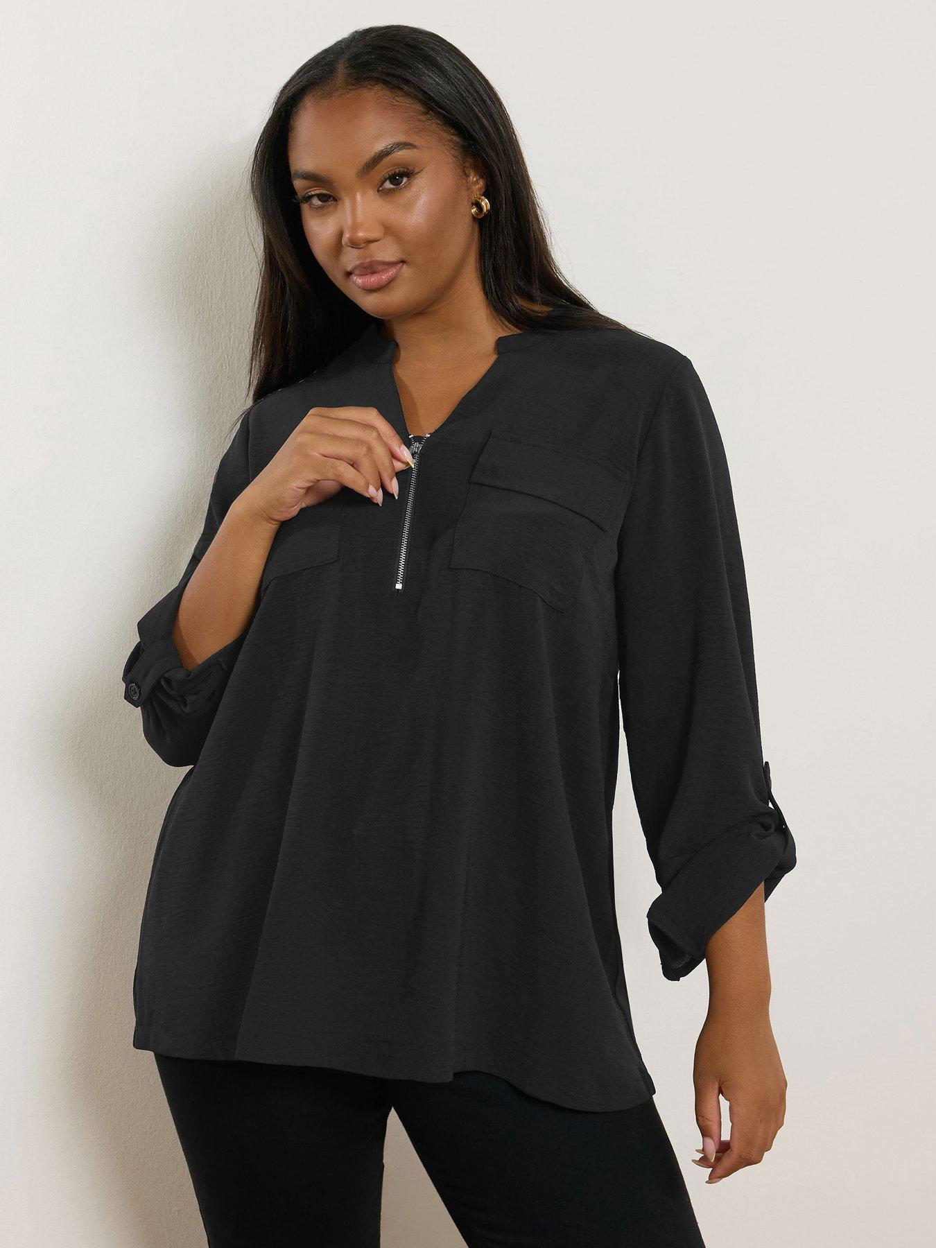 undefined Curve Zip Notch Neck Blouse - Black