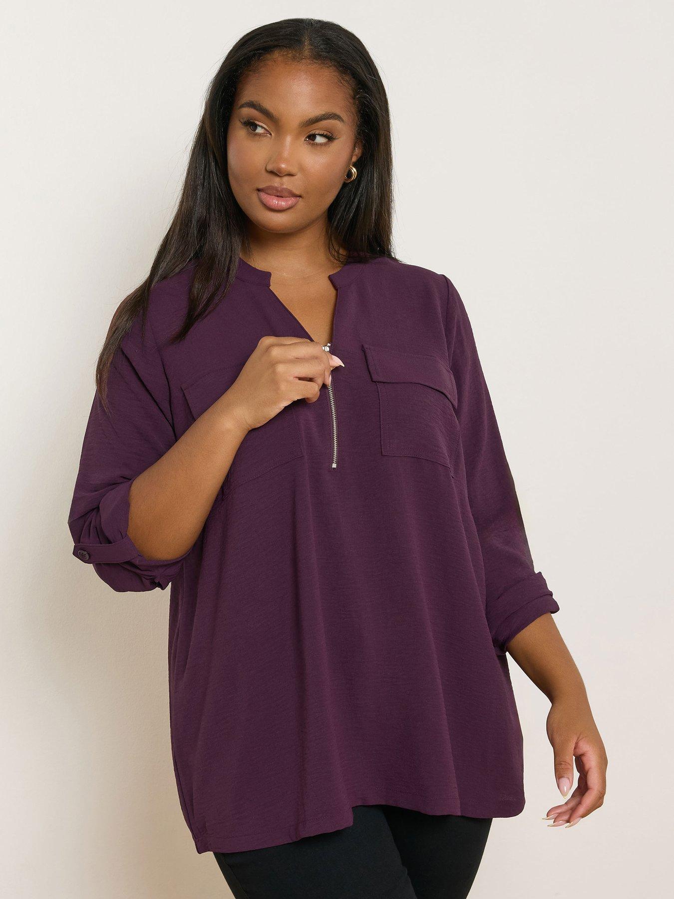undefined Curve Zip Notch Neck Blouse - Purple