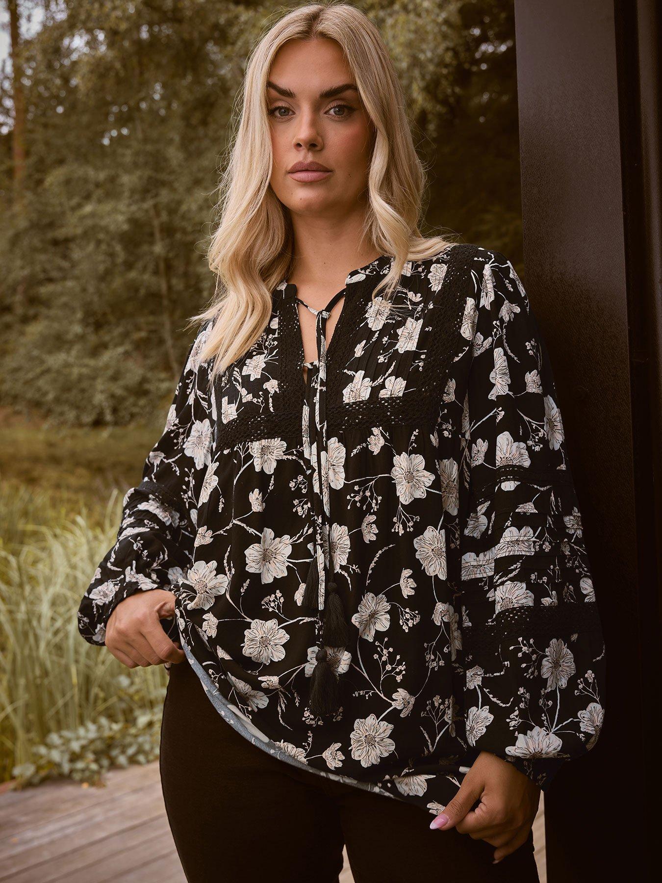 Yours Curve Long Sleeve Floral Blouse - Black