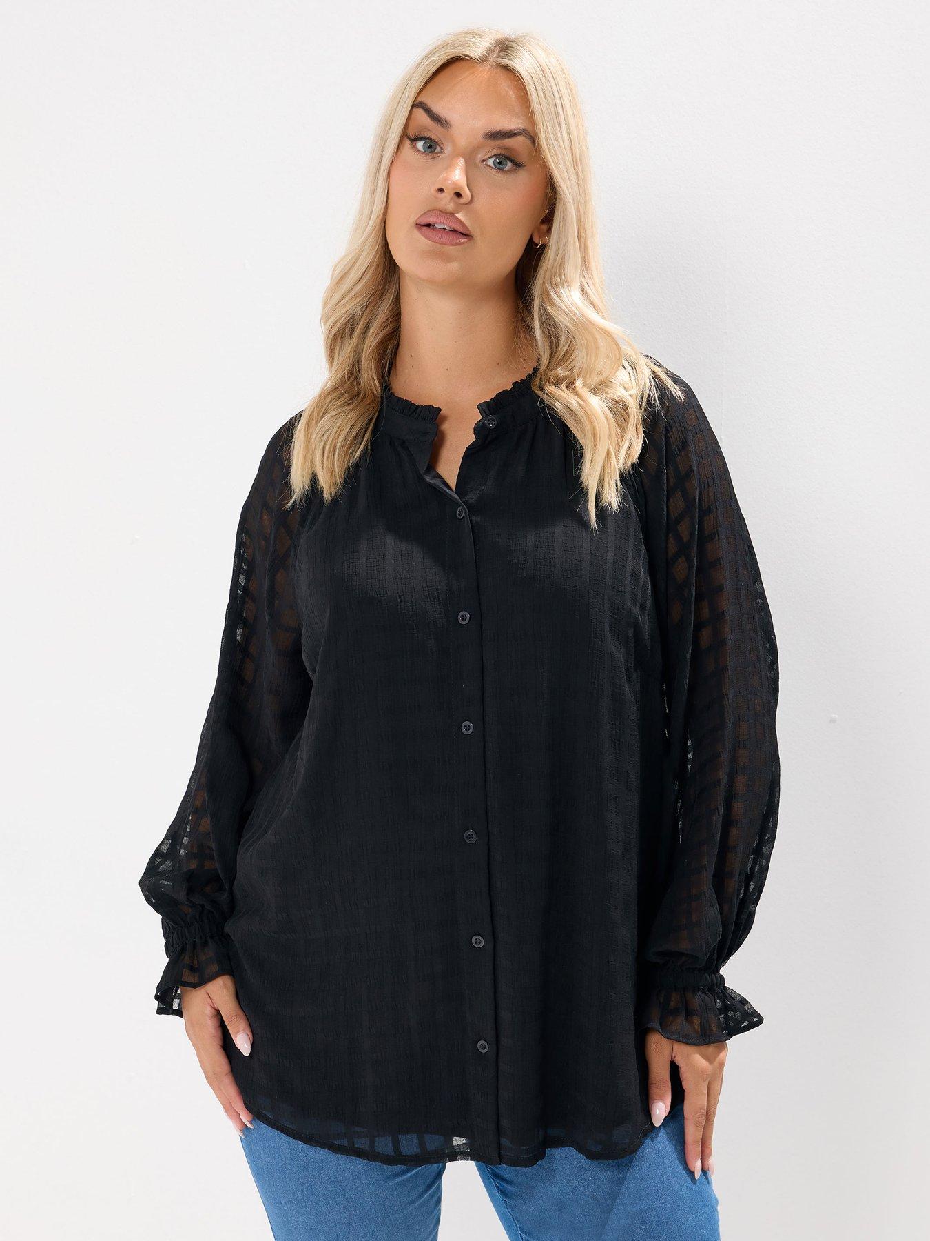 undefined Curve Textured Frill Neck Blouse - Black