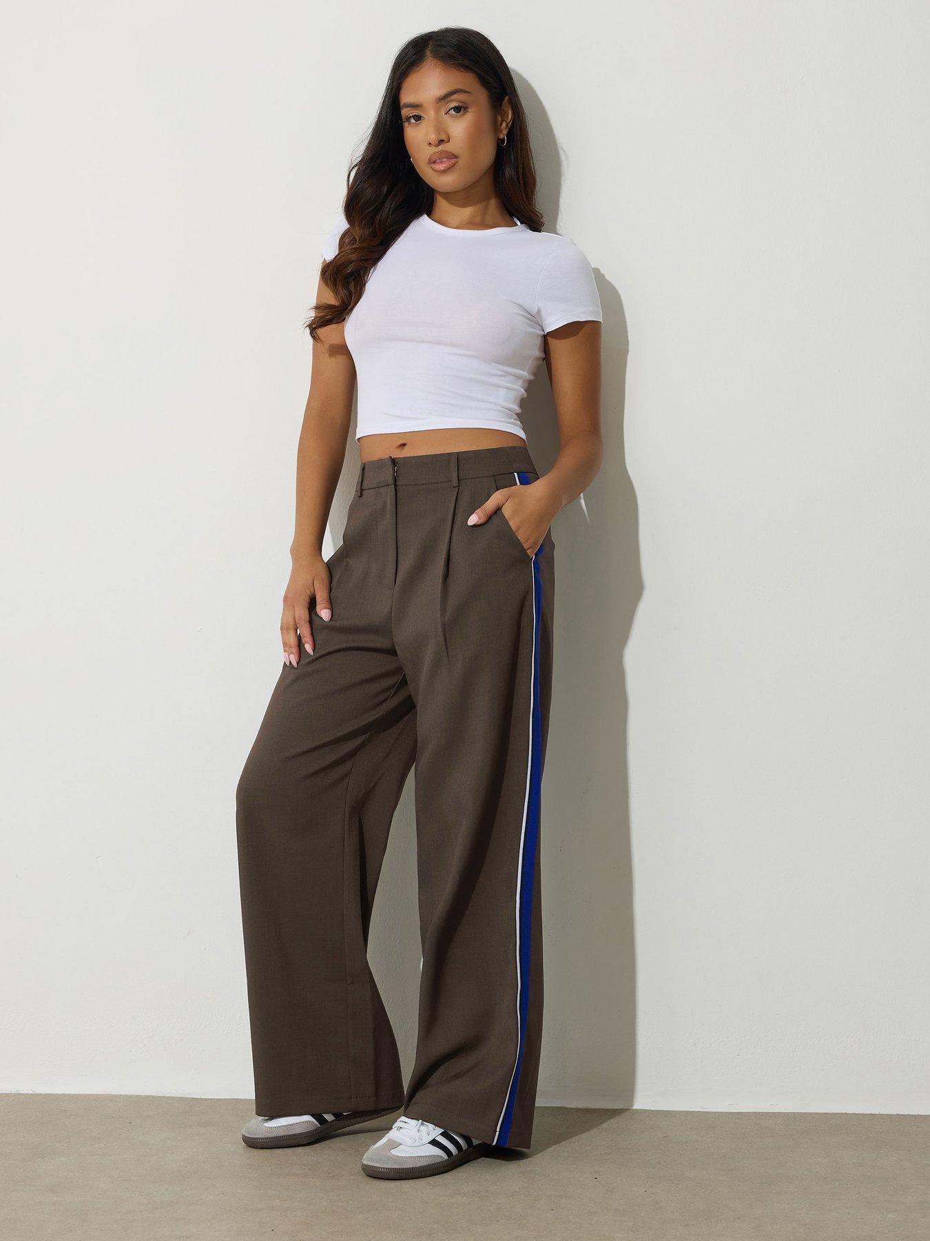 undefined Petite Side Stripe Wide Leg Trouser - Brown