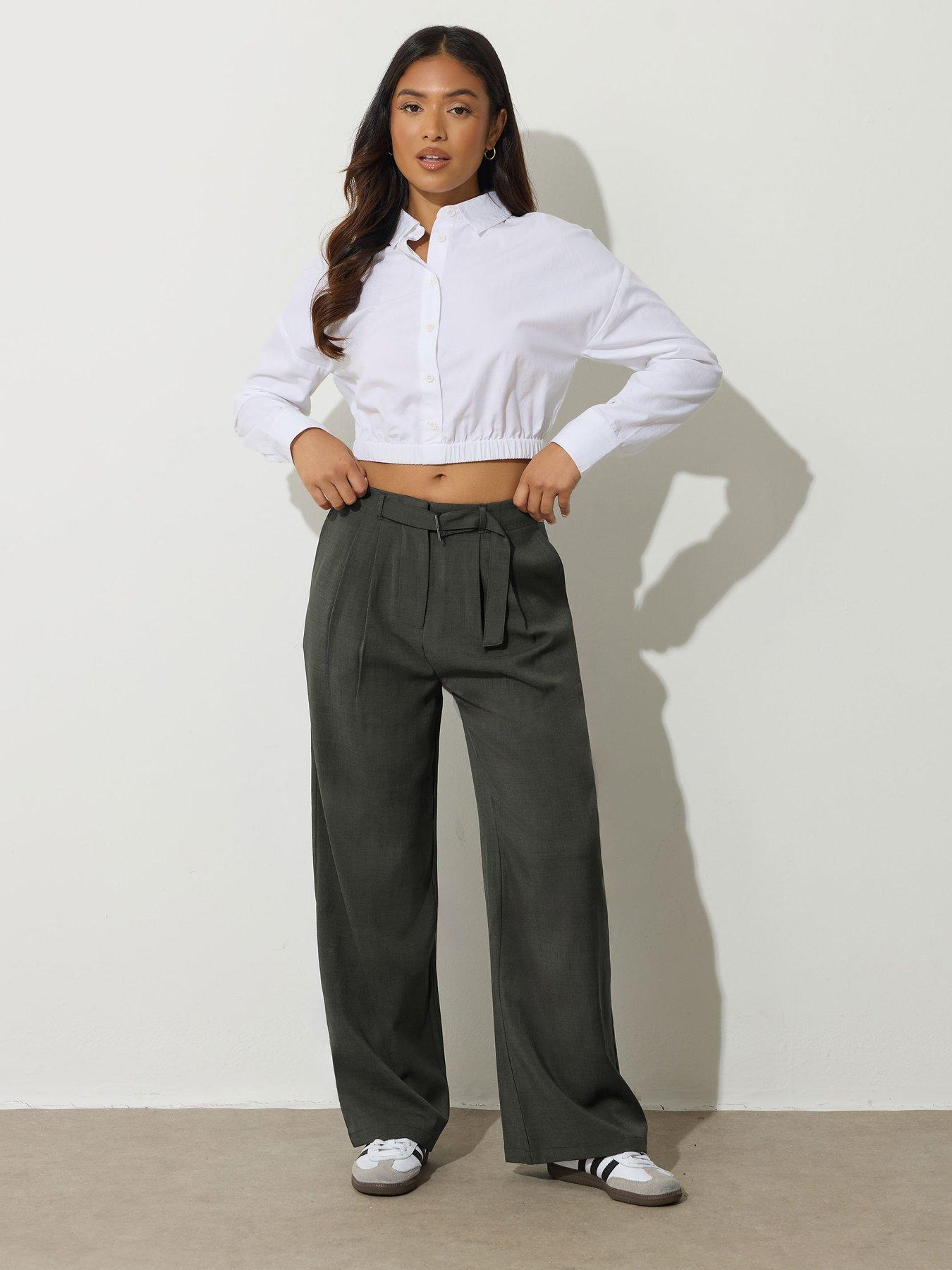 PixieGirl Petite Buckle Belt Wide Leg Trouser - Green