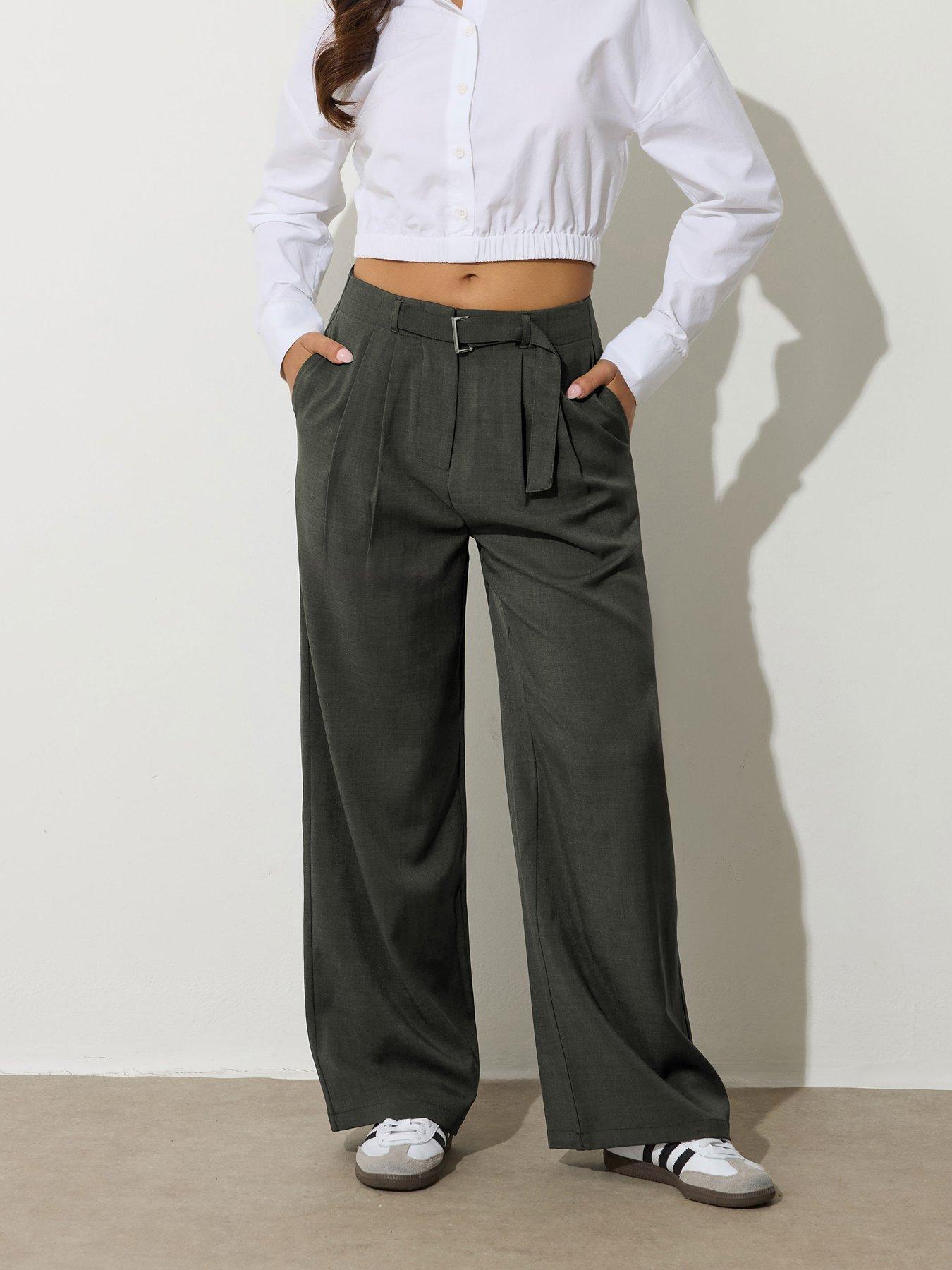 Image 3 of 4 of PixieGirl Petite Buckle Belt Wide Leg Trouser - Green