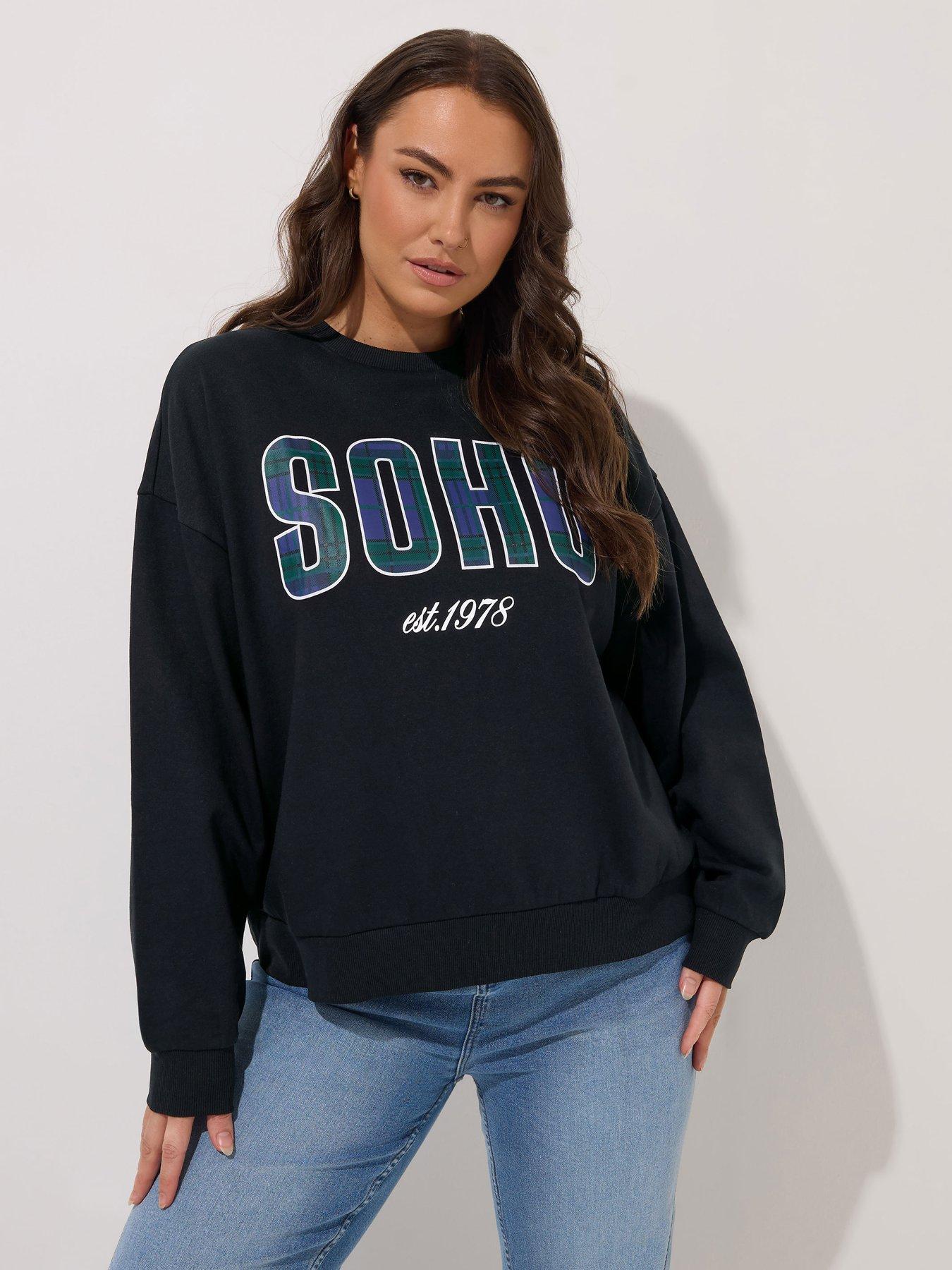 Yours Curve Soho Check Crew Neck Sweatshirt - Black