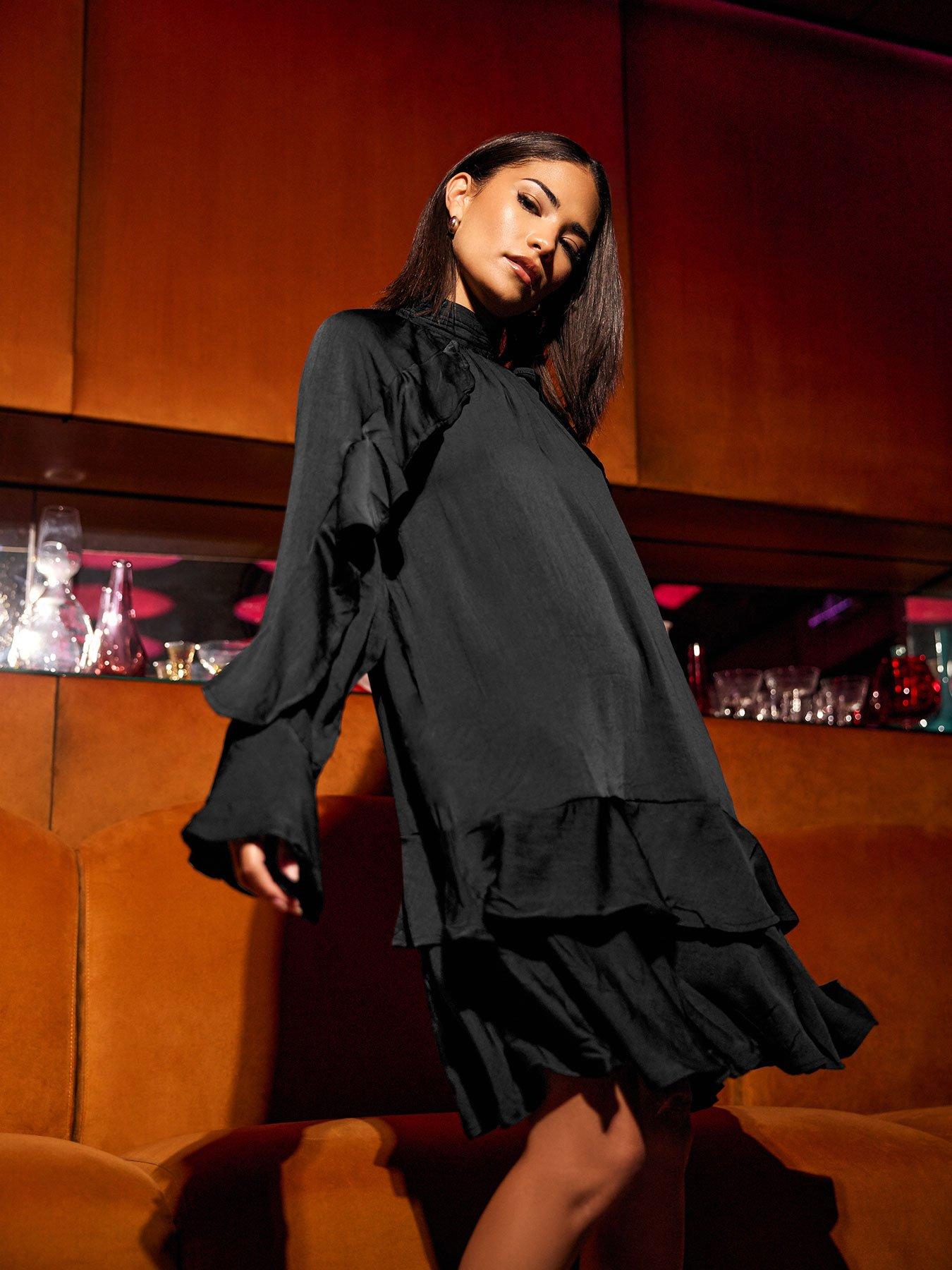 Image 1 of 4 of PixieGirl Petite Satin Frill Smock Dress - Black