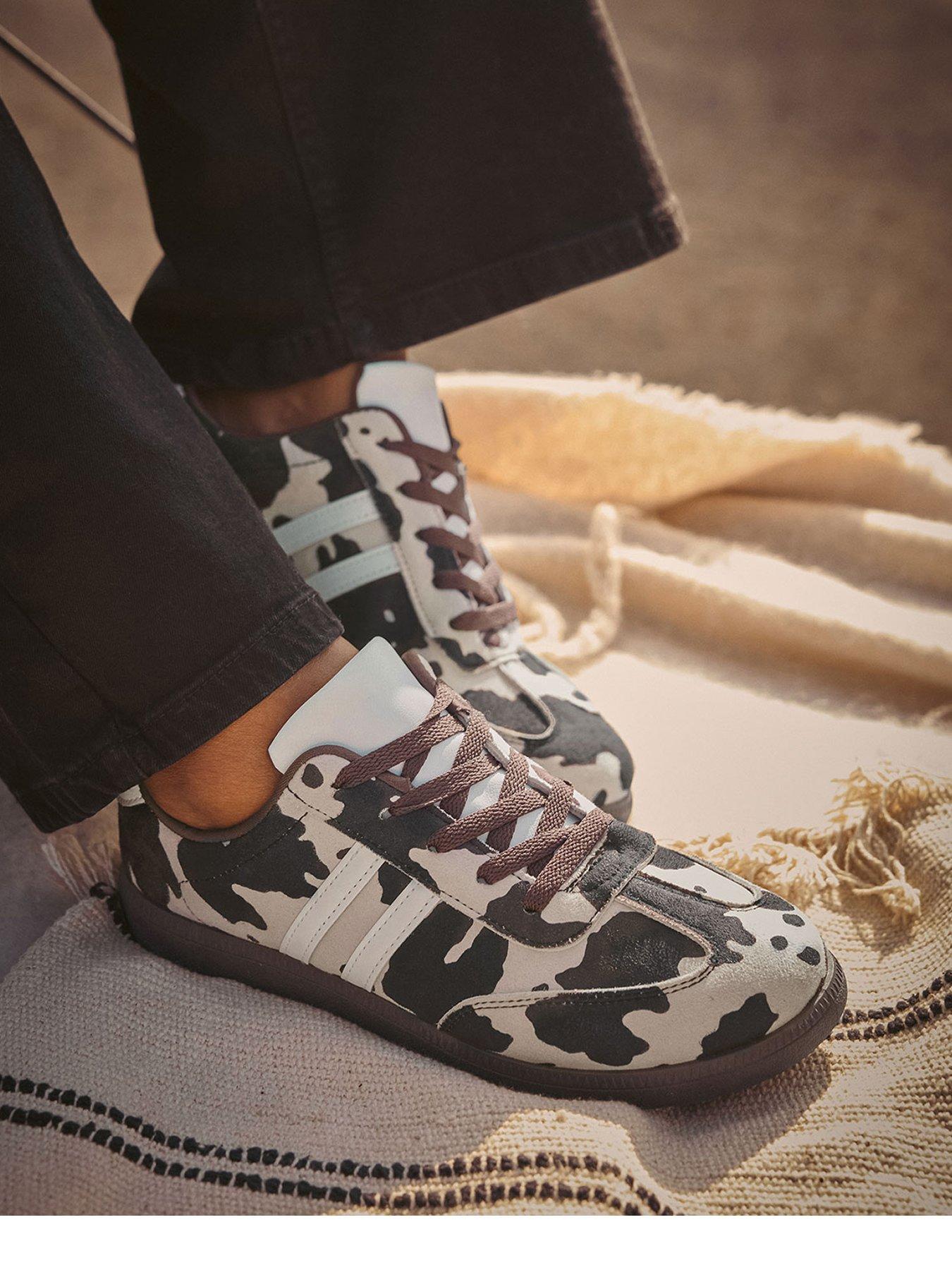 Yours Extra Wide Fit Cow Print Retro Stripe Trainer Brown Very