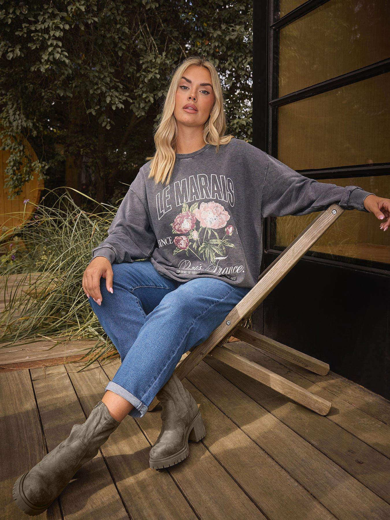 Yours Curve Acid Wash Flower Sweatshirt - Black
