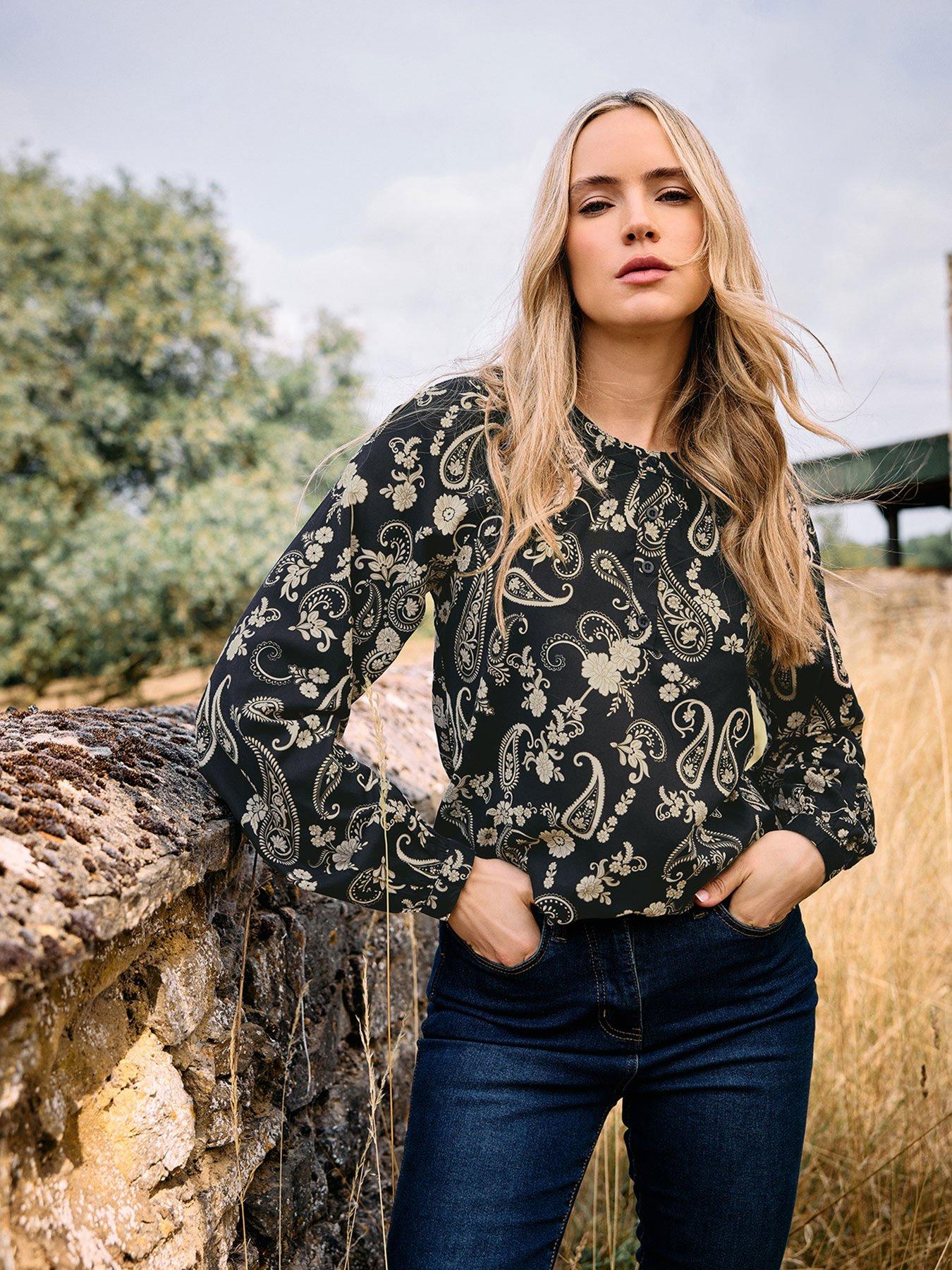 undefined Half Placket Paisley Blouse - Black