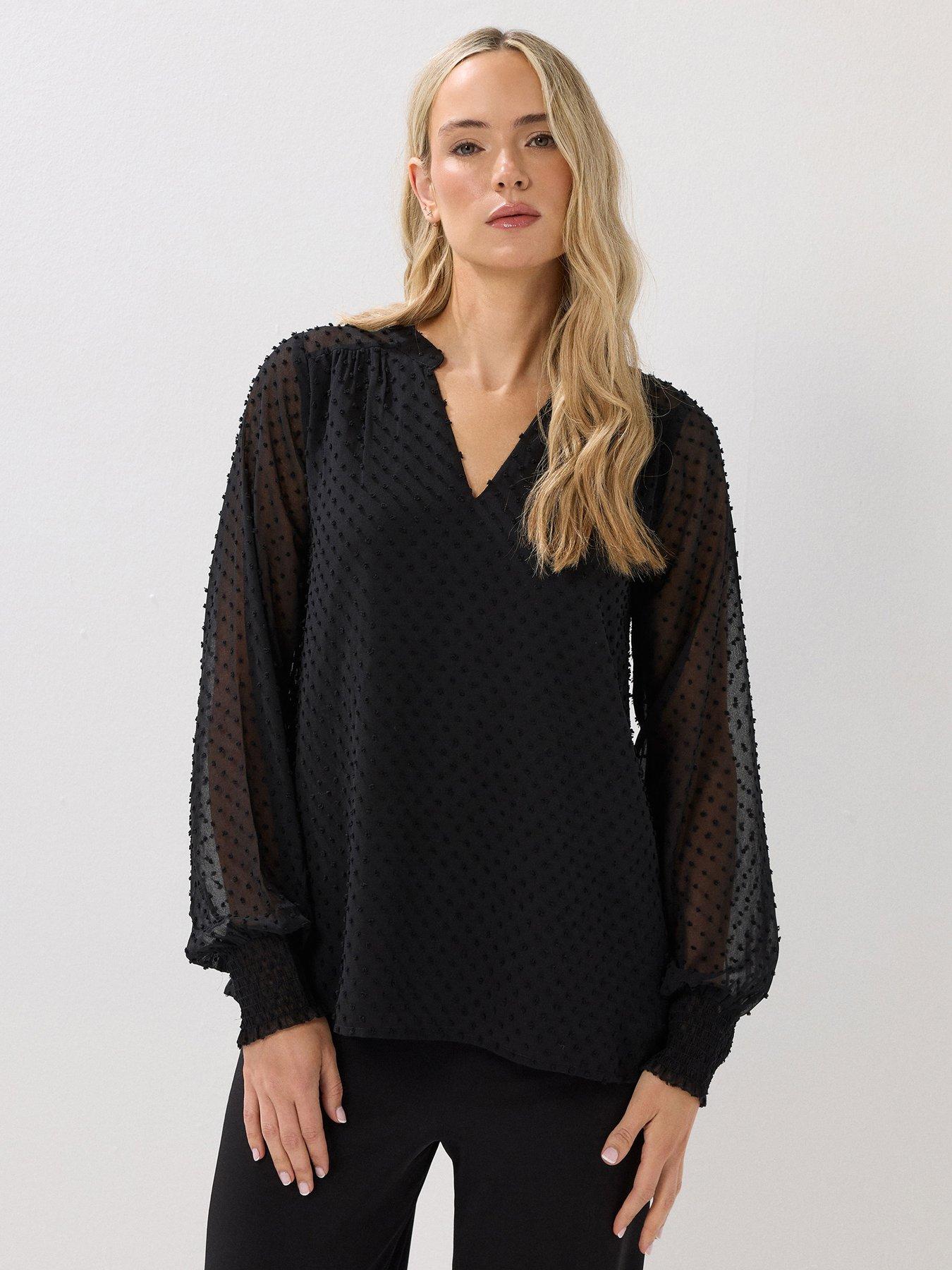 undefined Dobby Spot Shirred Cuff Top - Black