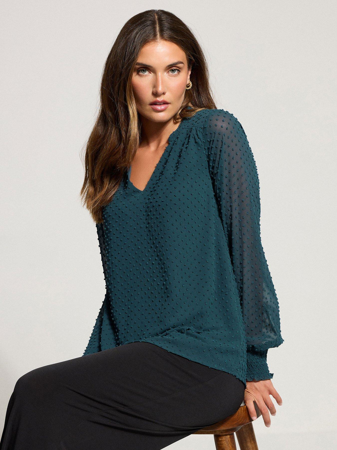 Long Tall Sally Dobby Spot Shirred Cuff Top - Teal Green