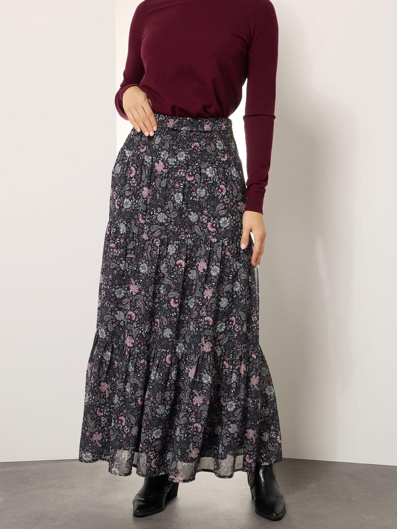 undefined Paisley Chiffon Tiered Maxi Skirt - Black