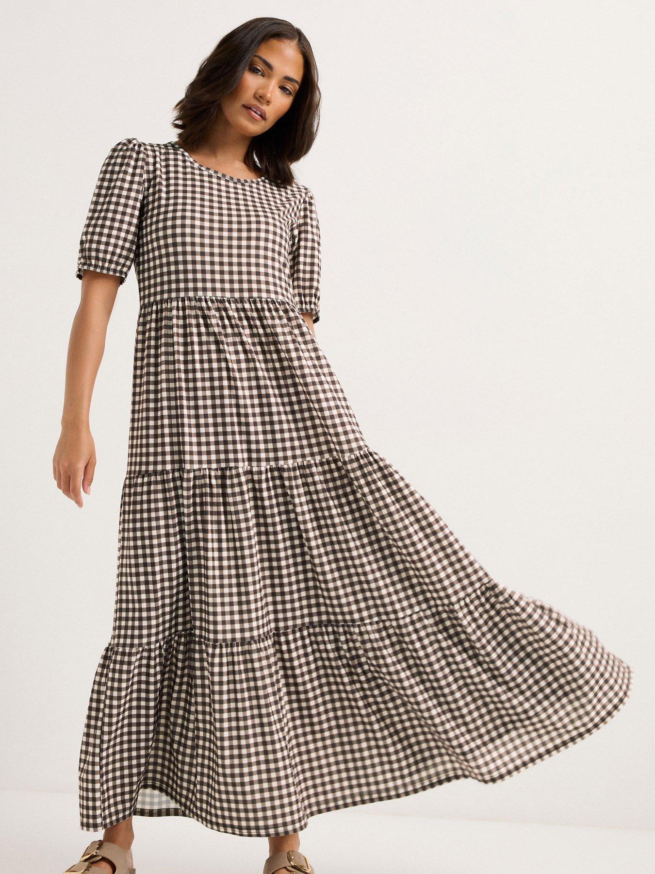 undefined Petite Gingham Tiered Maxi Dress - Brown