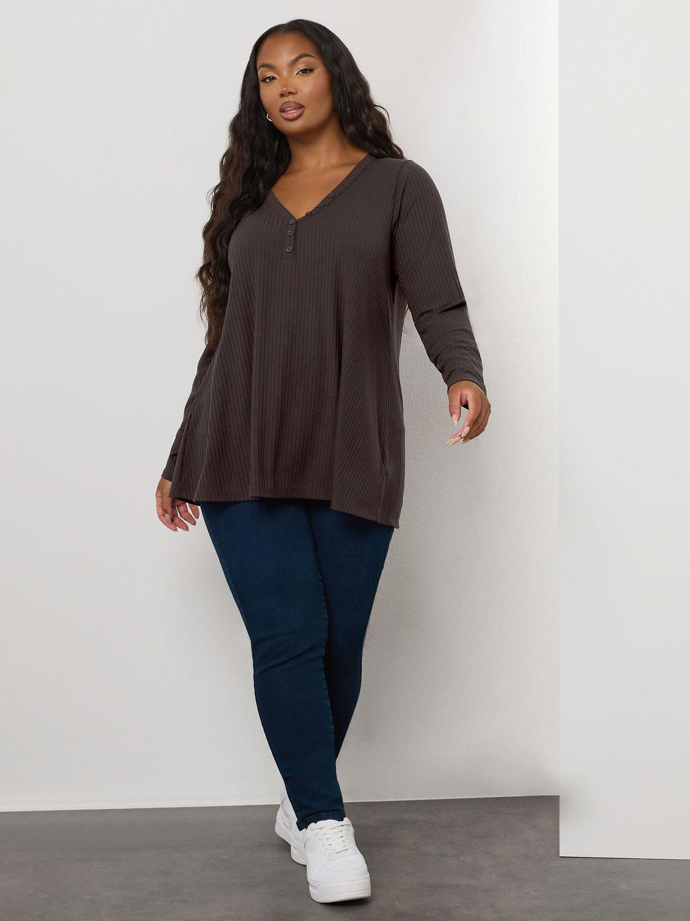 Image 2 of 5 of Yours Curve Rib Swing Henley Top - Brown