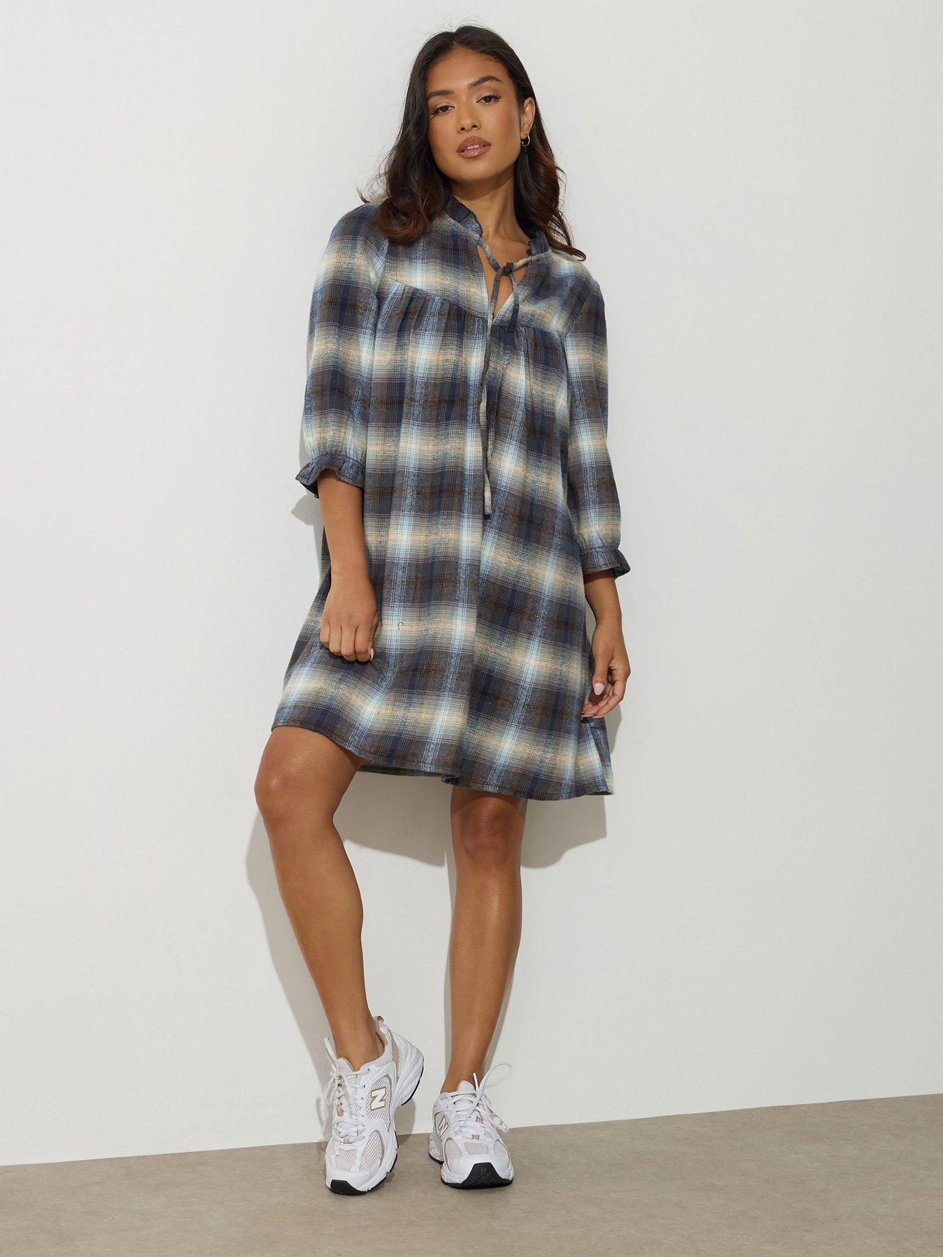 undefined Petite Brushed Check Mini Smock Dress - Blue