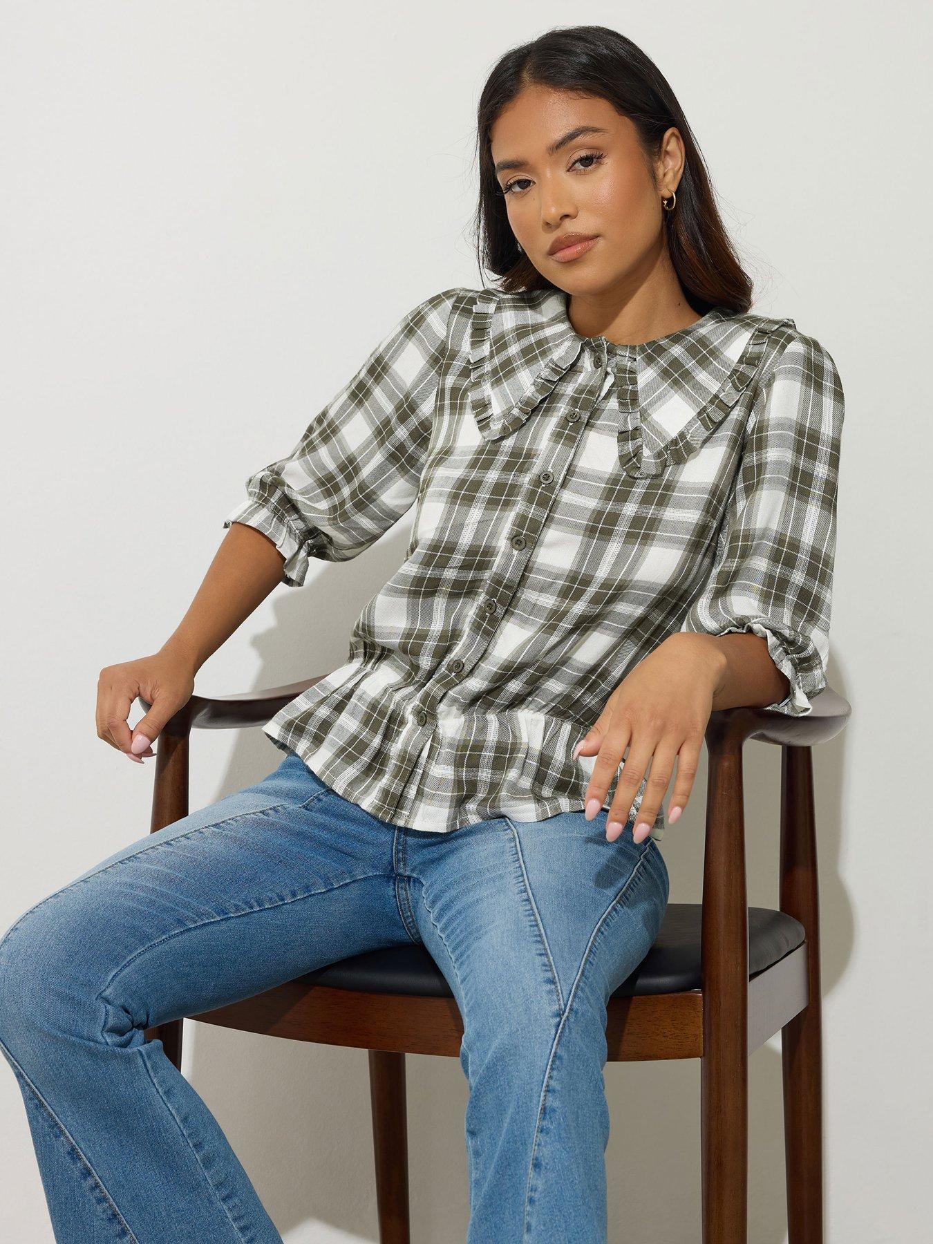 undefined Petite Check Collar Tie Front Top - Green