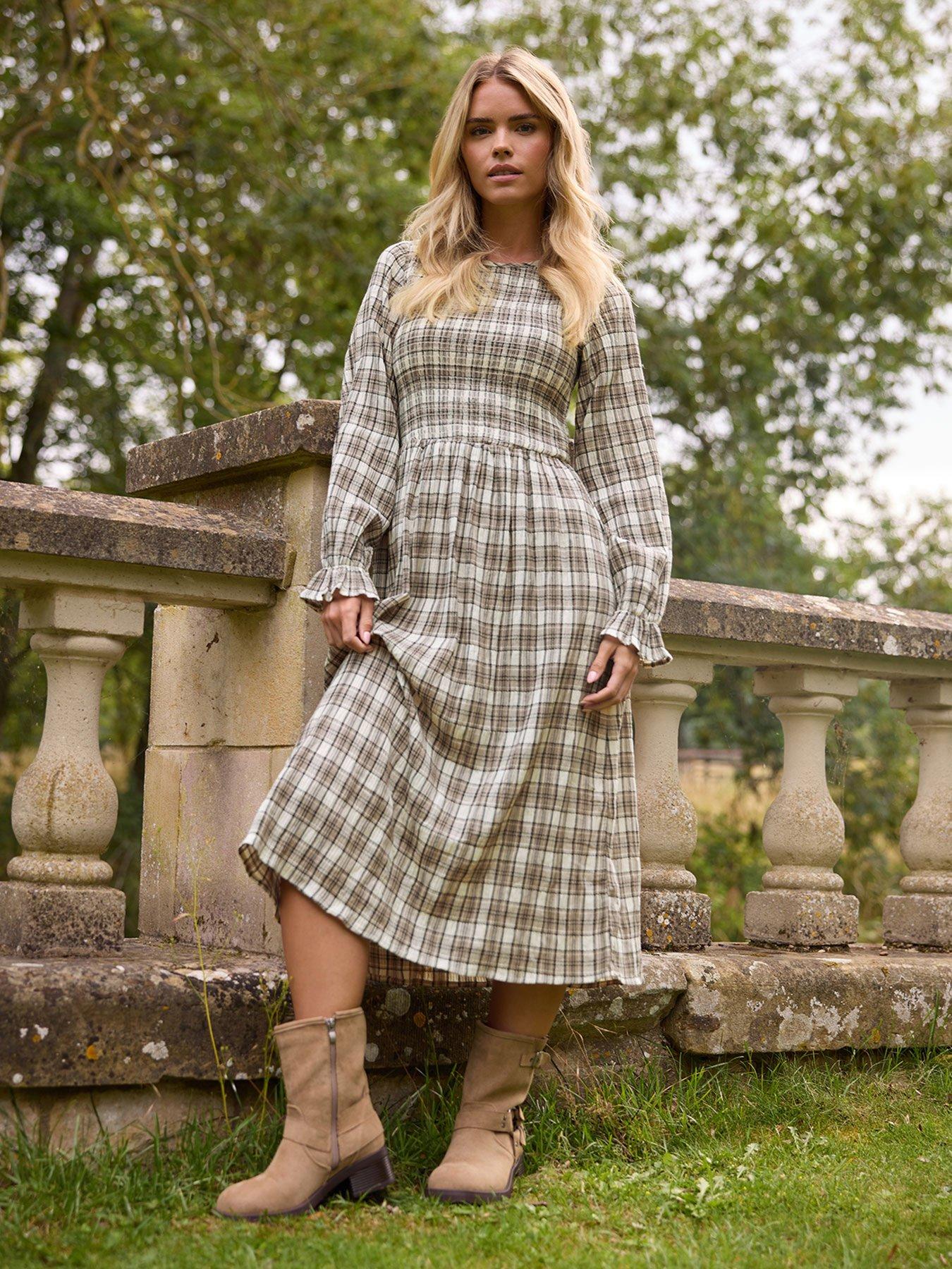 undefined Petite Check Shirred Long Sleeve Midi Dress - Brown