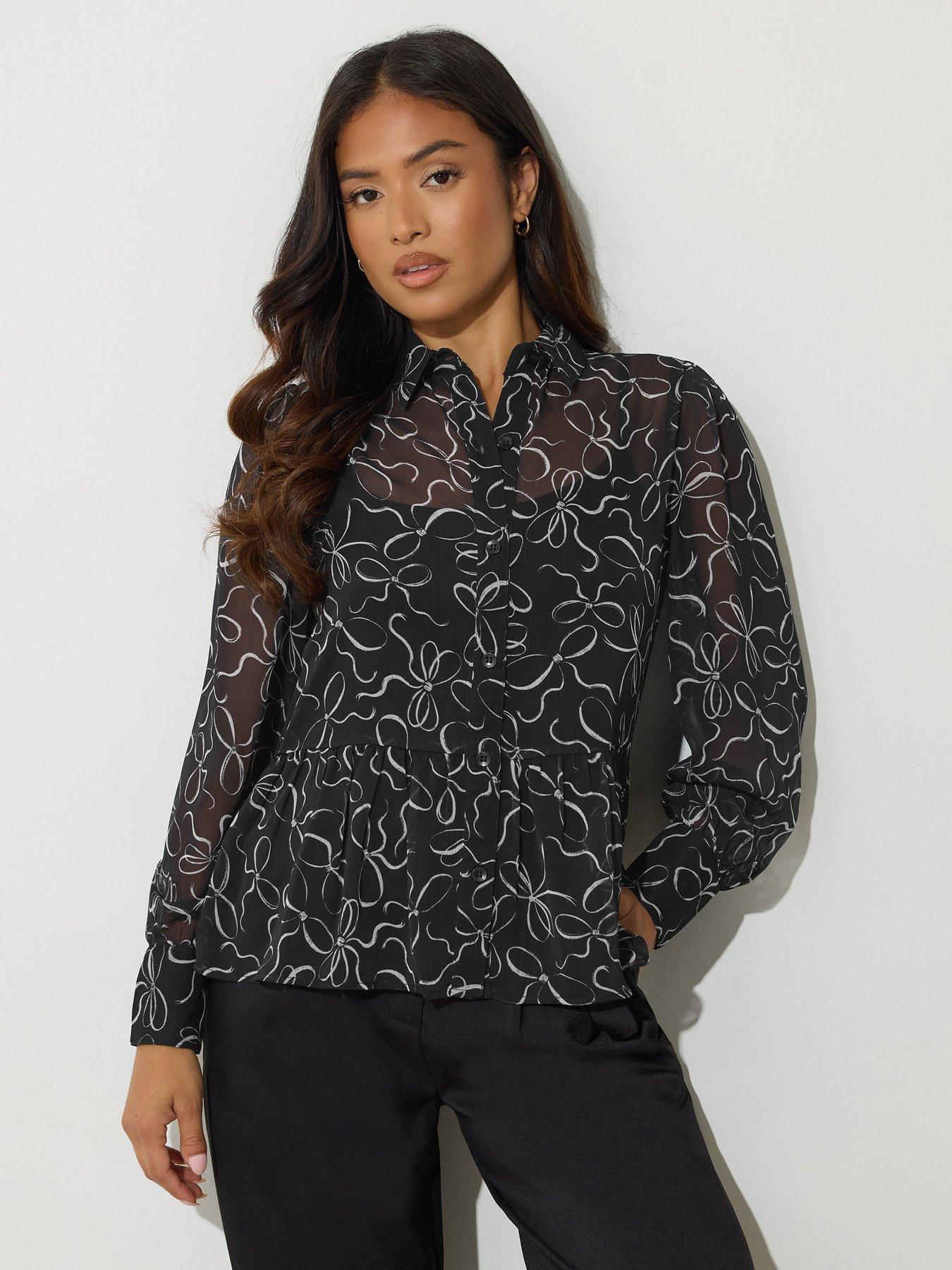 undefined Petite Bow Peplum Chiffon Blouse - Black