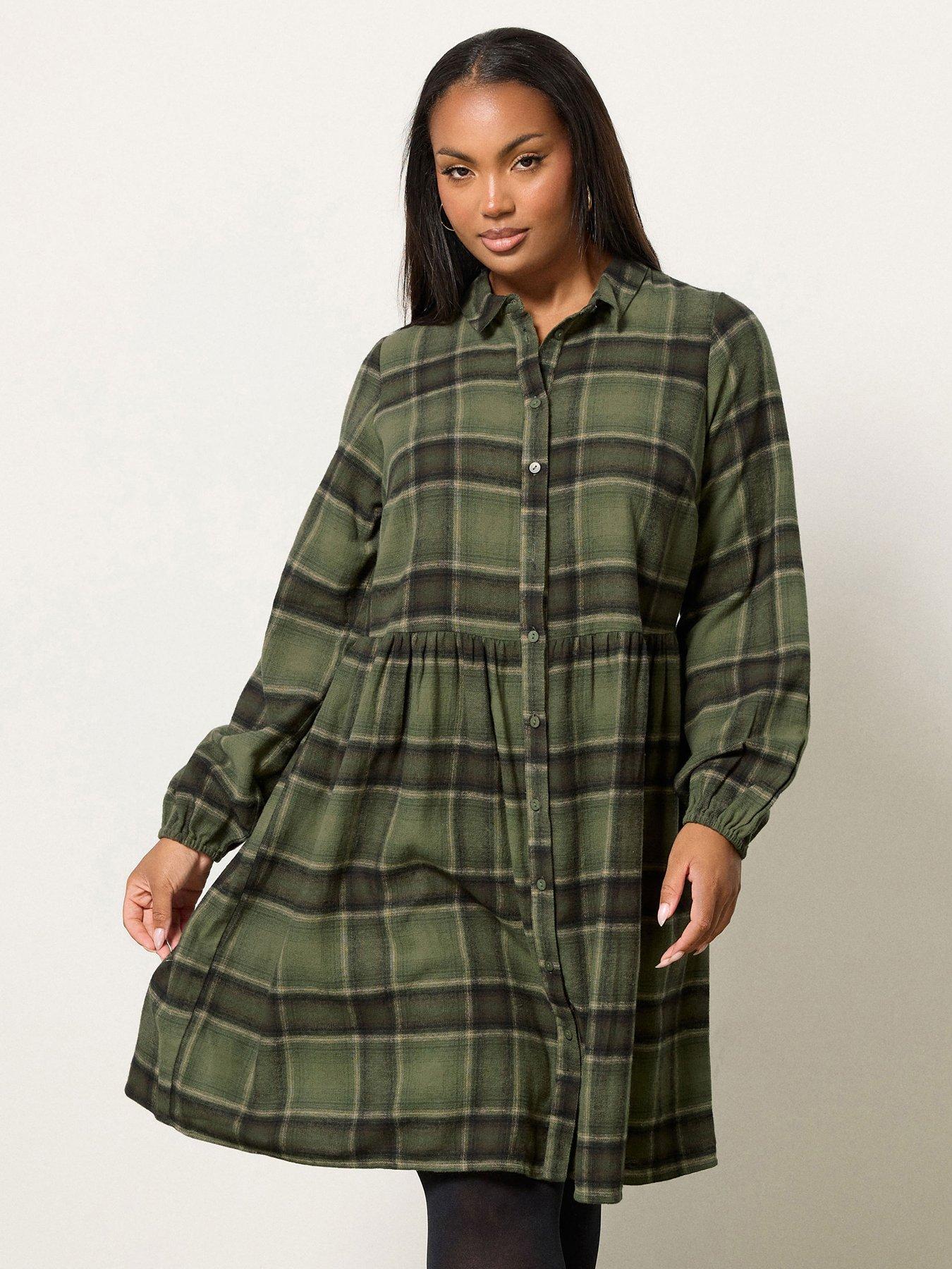 undefined Curve Check Shirt Dress - Green