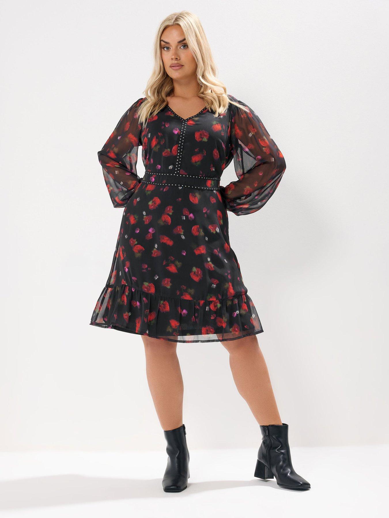 undefined Curve Floral Stud Tape Dress - Black